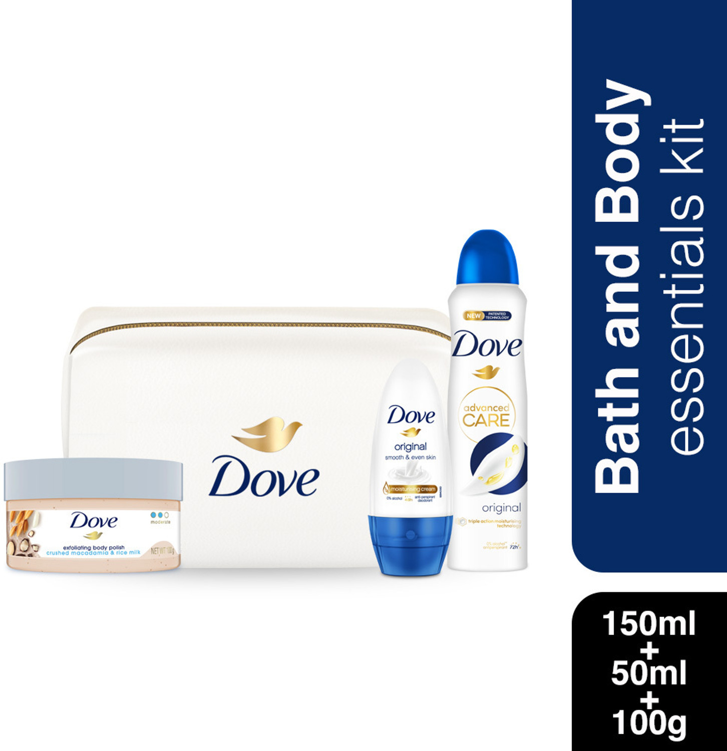 Image of DOVE Giftset 1 Deodorant (150 ML), 1 Roll On (50 ML)&1 Exfoliating Body Polish(100 G) Combo Set