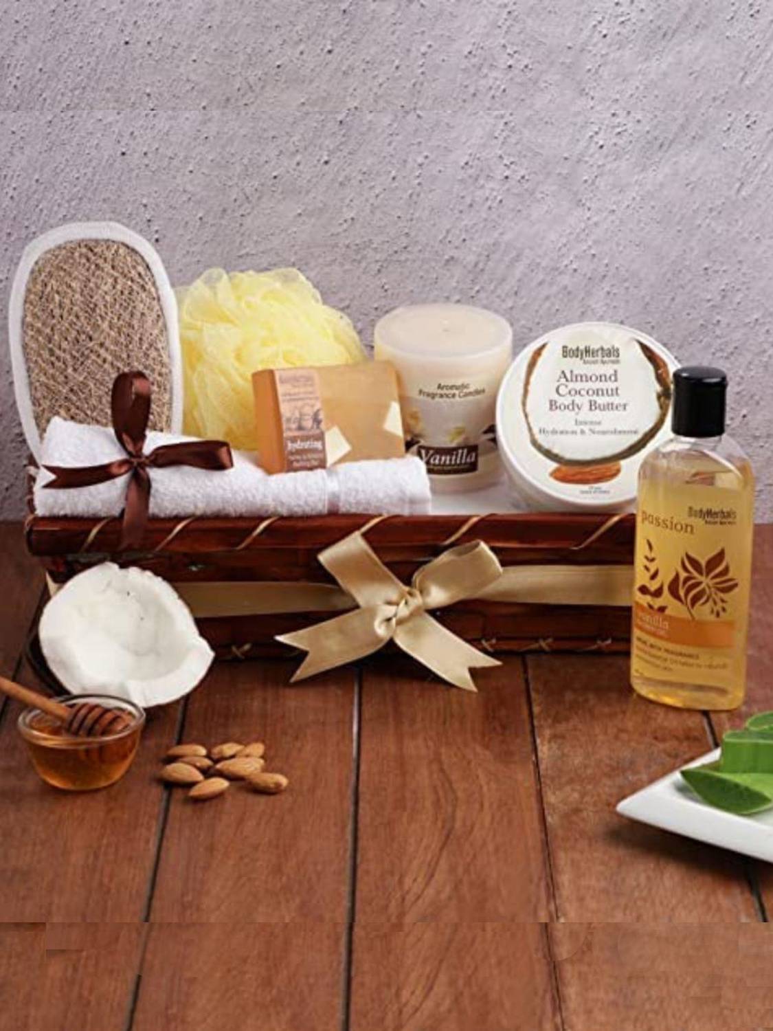 BodyHerbals Tropical Coconut and Warm Vanilla Spa Hamper - Luxurious Bath & Body Gift Set (Vanilla Shower Gel 200ml, Almond Coconut Body Butter 200gms, Honey And Almond Bathing Bar 100gms, Natural Vetiver, Vanilla Scented Candle, Face Terry Towel, Bath Puff) Bath Set & Kits