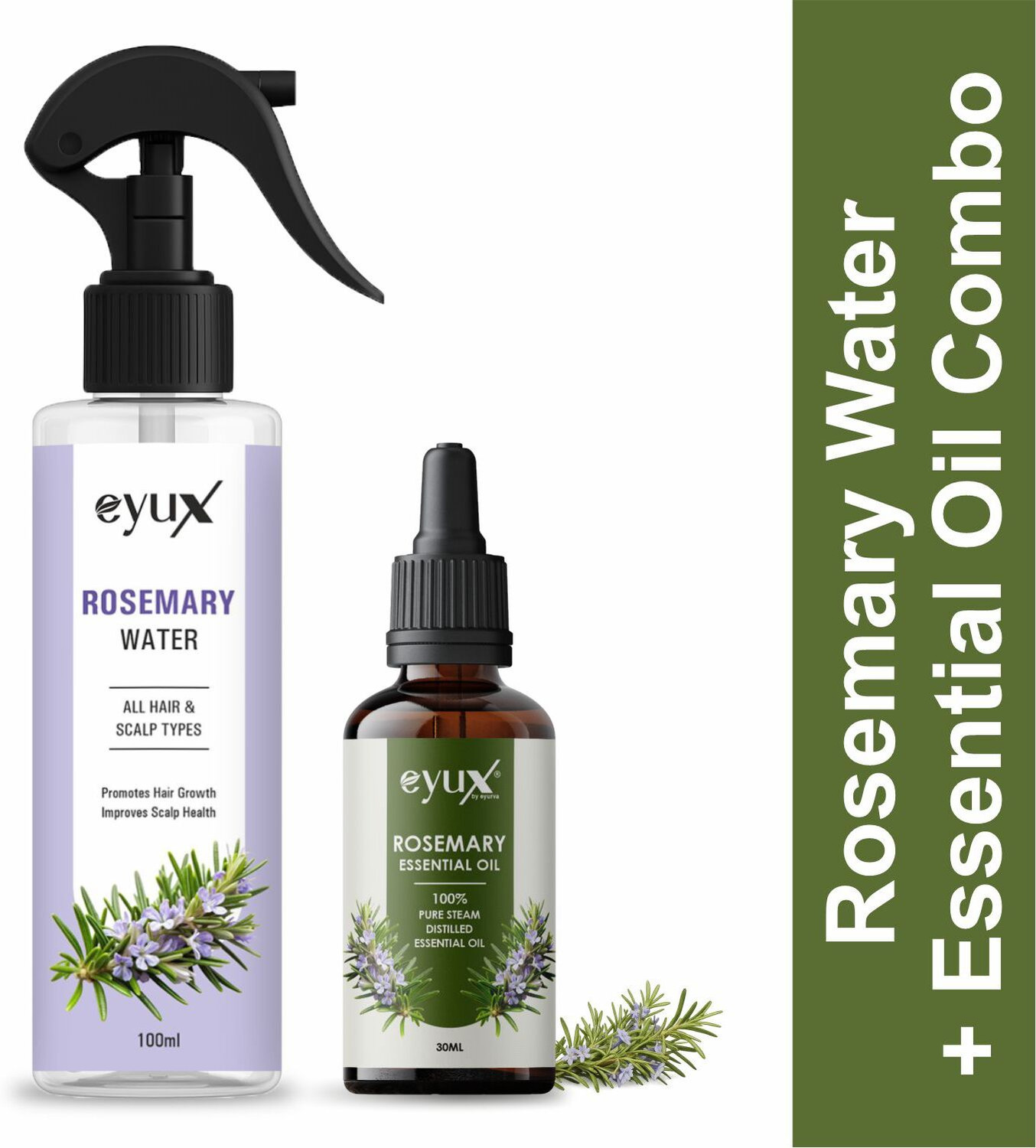 Image of eyux rosemary water spray and rosemary essential oil combo for scalp care hair nourishment and hair root support