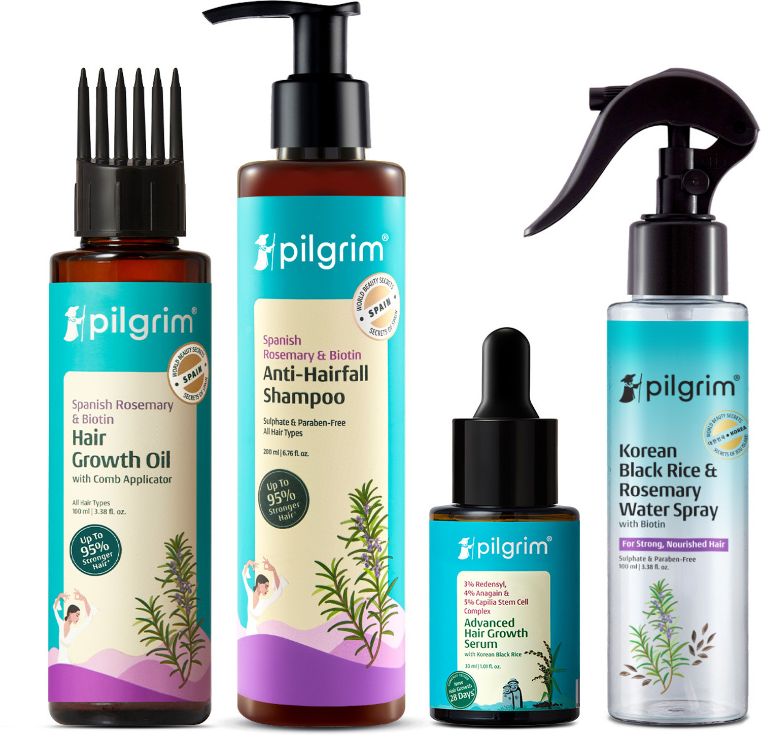 Image of Pilgrim Spanish Rosemary & Biotin Hair Oil + Spanish Rosemary Biotin Shampoo + Hair Growth Serum (30 ML) + Rosemary Water