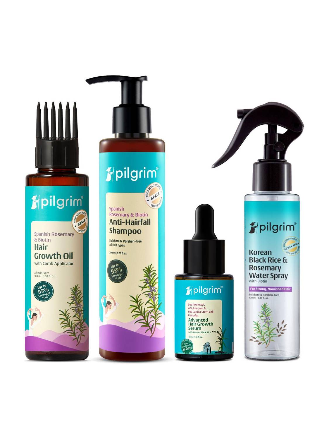Pilgrim Spanish Rosemary & Biotin Hair Oil + Shampoo + Serum + Water - Image 1