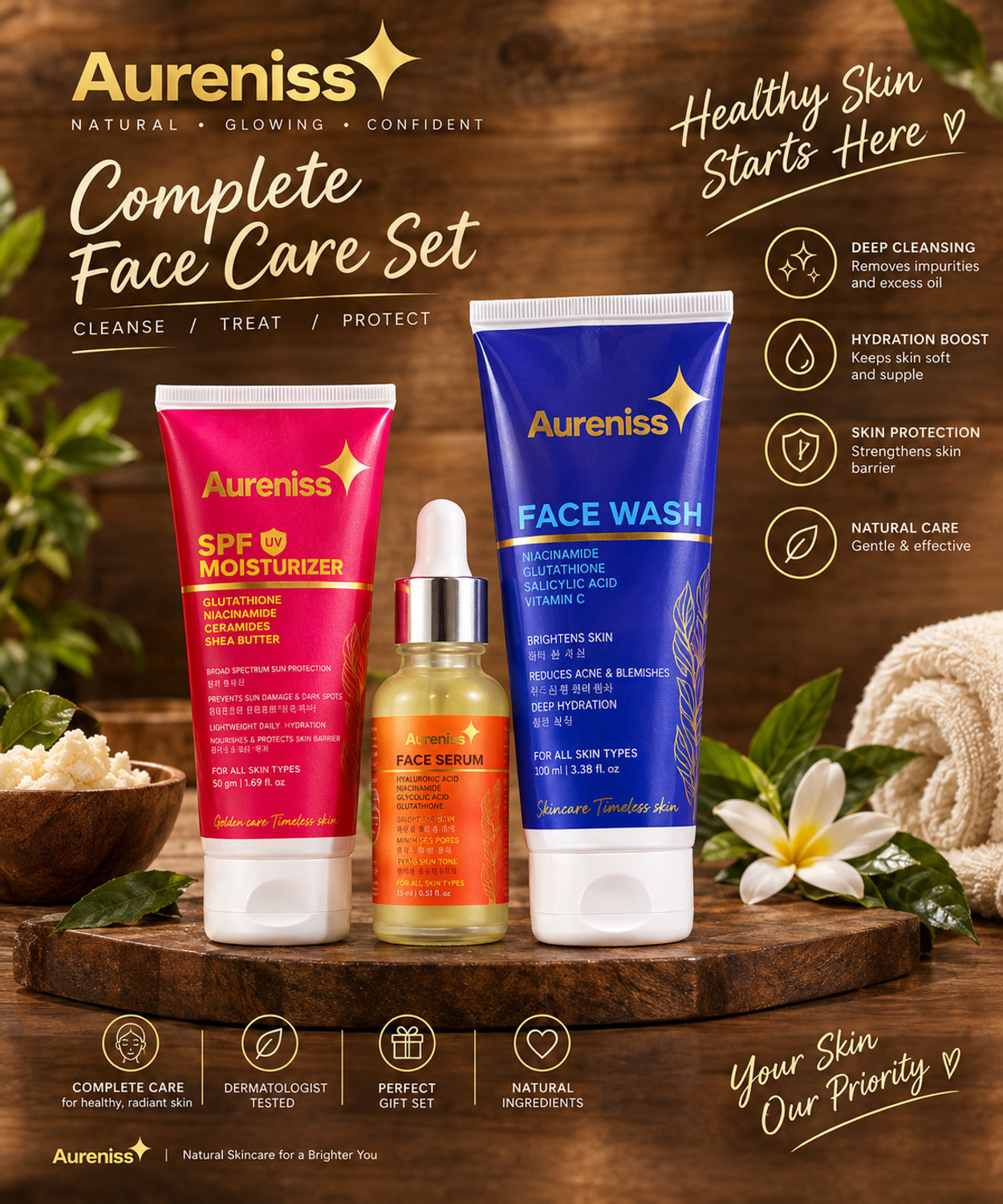 Image of aureniss Face Care Combo | SPF Moisturizer + Face Wash + Face Serum | Niacinamide, Glutathione & Vitamin C | All Skin (3 Items in the set)