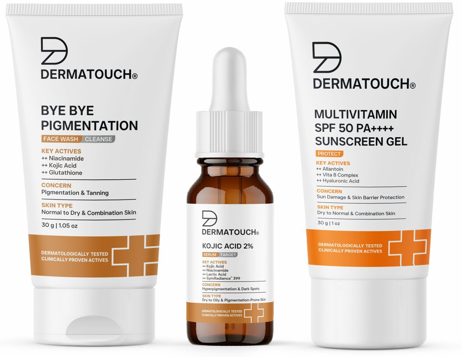 Image of Dermatouch Pigmentation Control Trio for All Skin Types | Face Wash + Kojic Acid 2% Serum + Sunscreen PA++++ |(PO3)