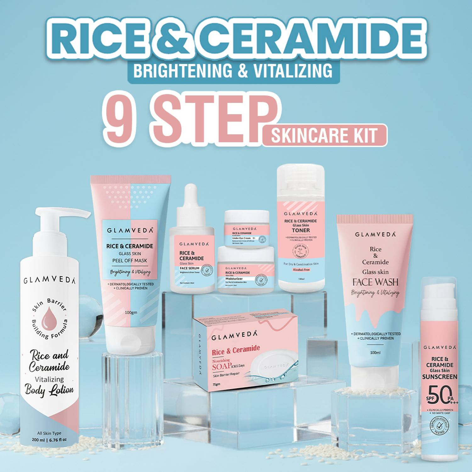 GLAMVEDA Korean Rice & Ceramide 9 Step Skincare Set - Image 1