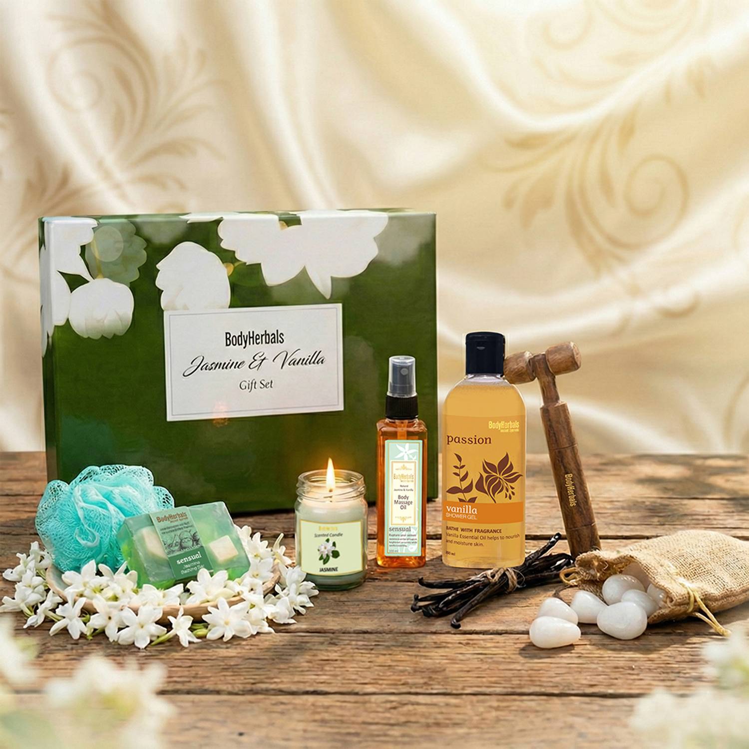 BodyHerbals Jasmine and Vanilla Set � Luxury Bath & Body Hamper for Men & Women (Vanilla Shower Gel 200ml, Natural Jasmine & Vanilla Body Massage Oil 100ml, Jasmine Bathing Bar 100gms, Natural Vetiver, Wooden Massager Bath Puff, 2 Tea Lites) Bath Set & Kits