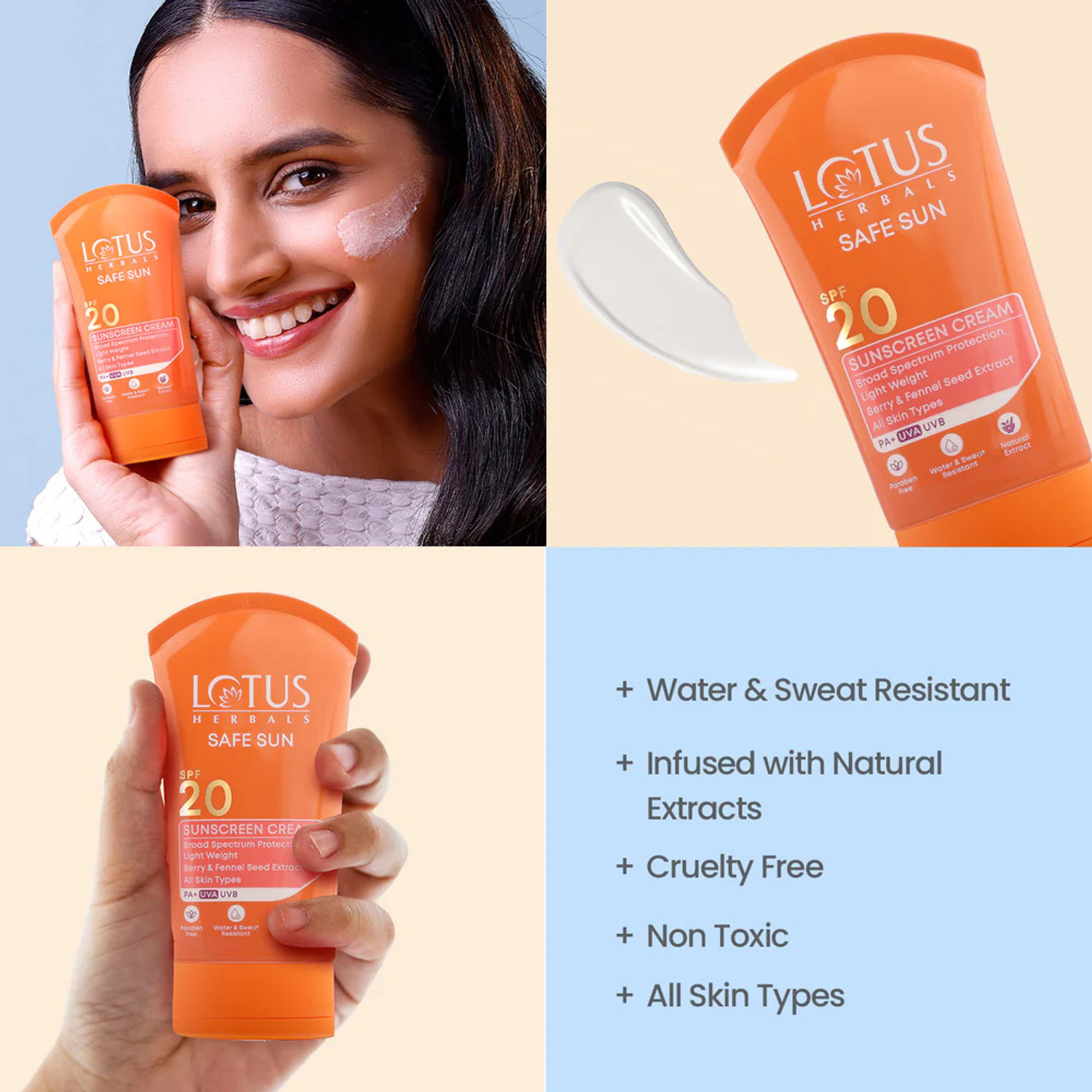 Image of LOTUS HERBALS Sunscreen - SPF 20 PA+ Safe Sun Sunscreen Cream + SPF 20 + 50g Each(Pack of 2)