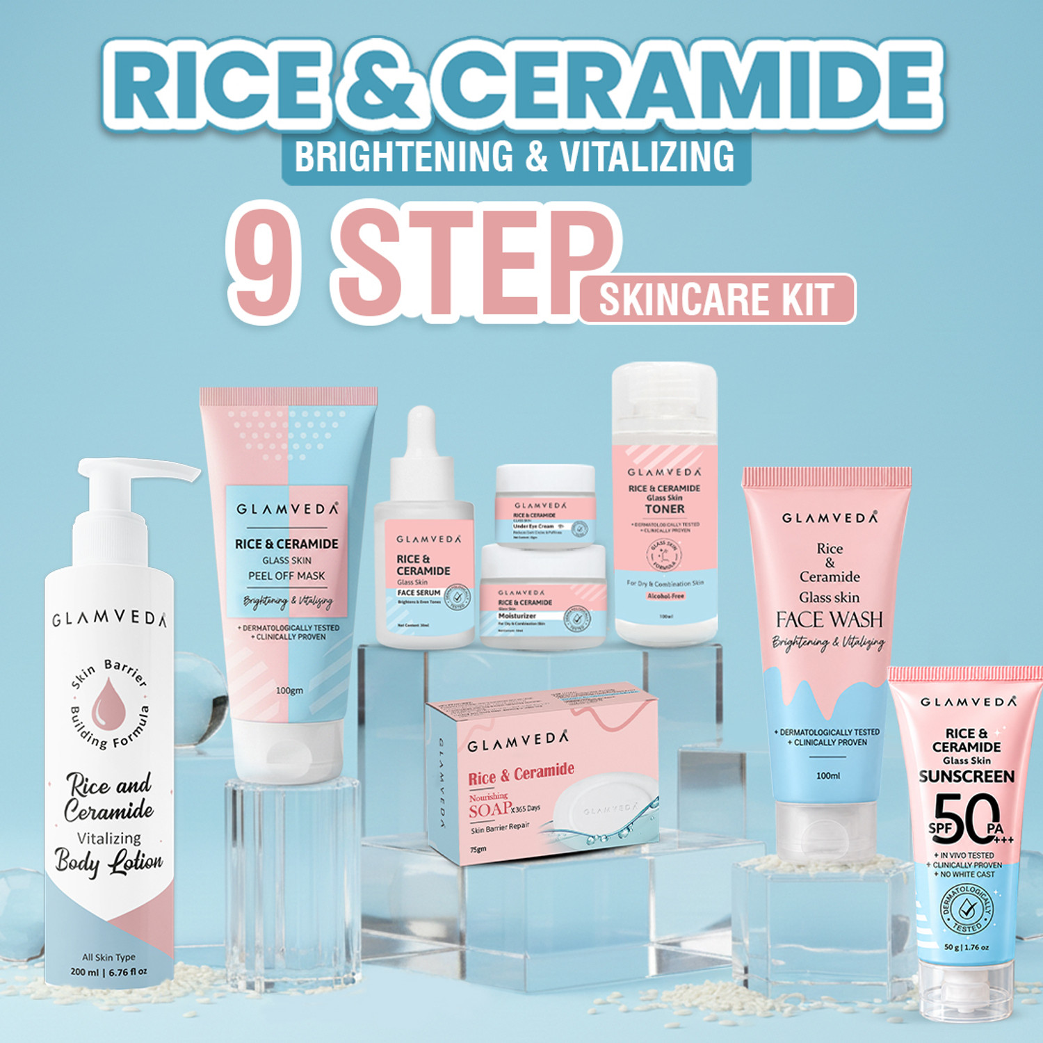 GLAMVEDA Korean Rice & Ceramide 9 Step Weekly Skincare Routine For Women |Skin Brightening Combo|