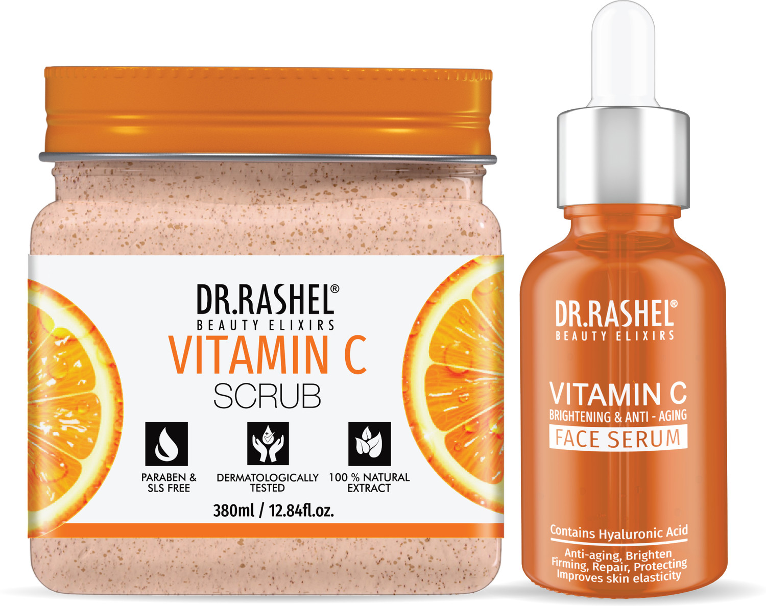 Image of DR.RASHEL Vitamin C Scrub & Vitamin C Serum for Acne, Tan Removal, Exfoliation, Anti Aging (2 Items in the set)