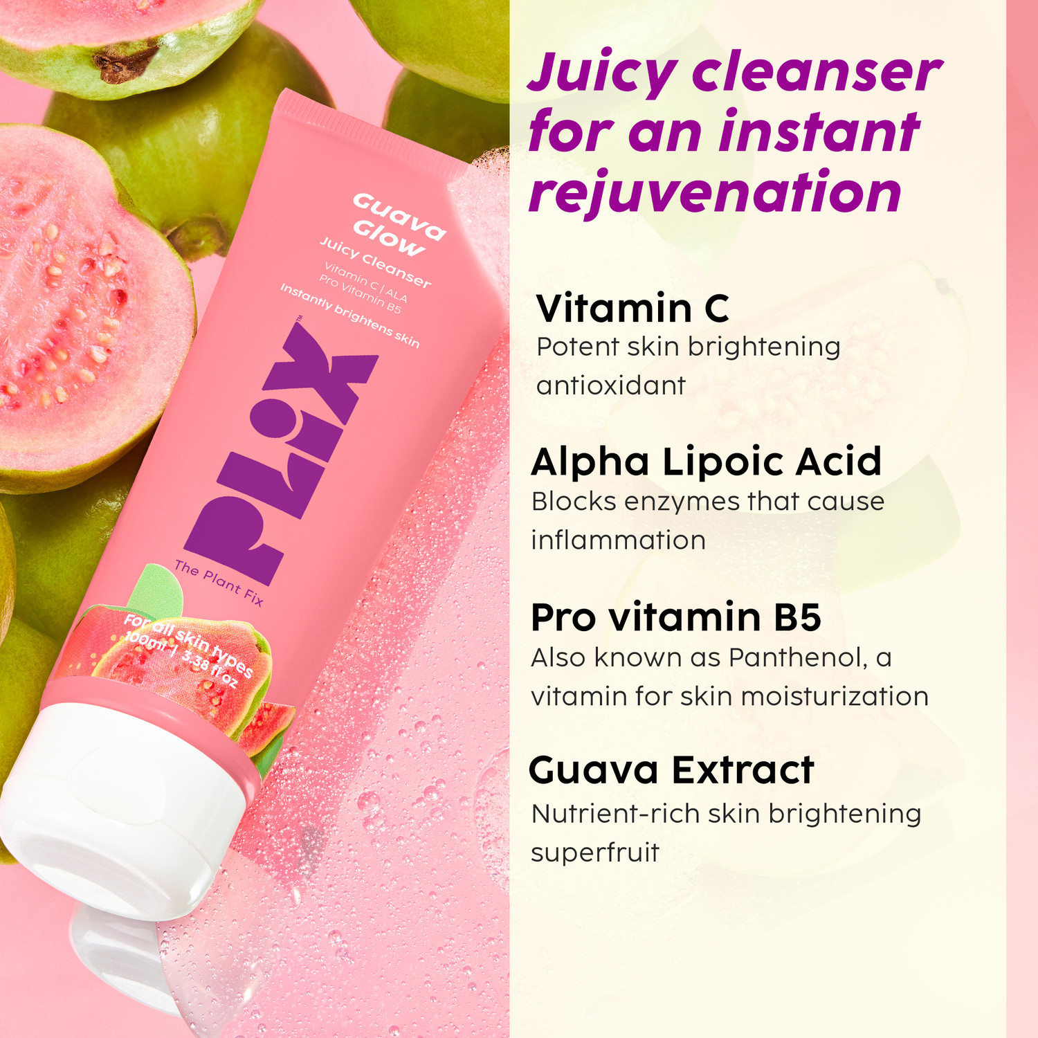 Image of The Plant Fix Plix Guava Regime Glowy Skin Hydrating Cleanser, Toner Serum, Smoothie Moisturizer