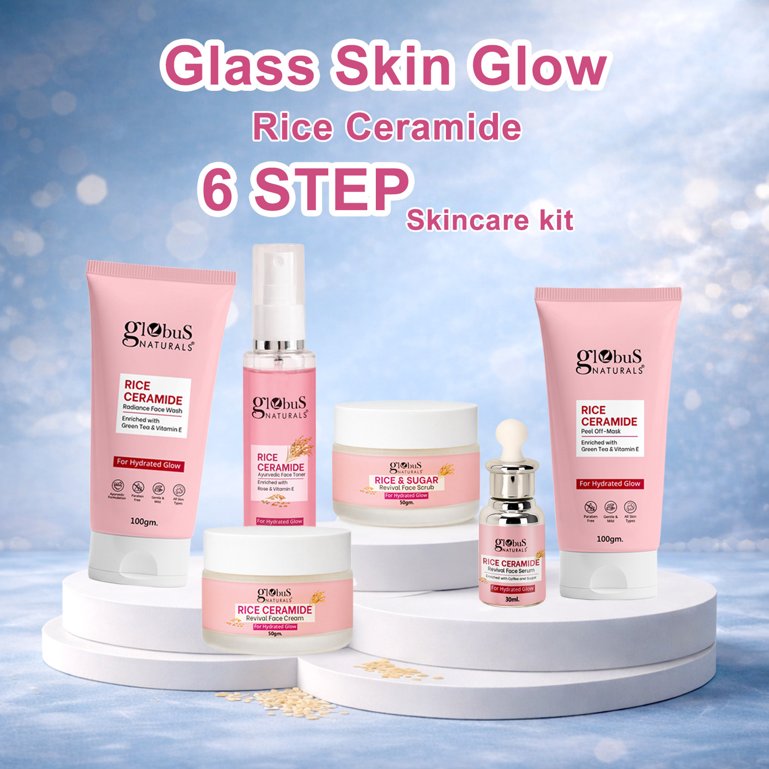 Image of Globus Naturals Ceramide Glow Rice Radiance Combo For Korean Glass Skin Face Wash, Face Cream, Face Serum, Face Toner, Face Scrub, Peel off Mask