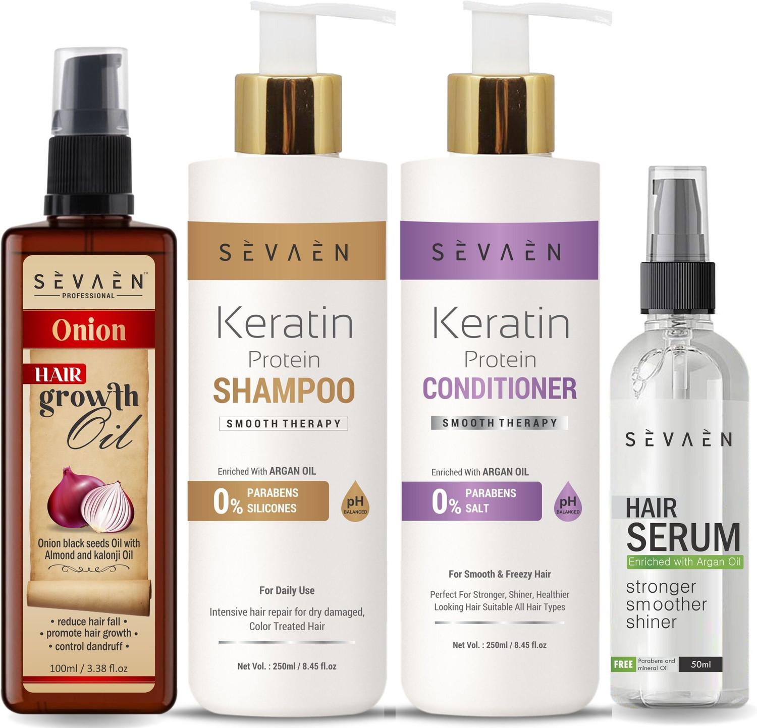 Image of SEVAEN Full Hair care combo (100ml hair growth oil+250ml keratin shampoo+250ml keratin conditioner+50ml hair serum)