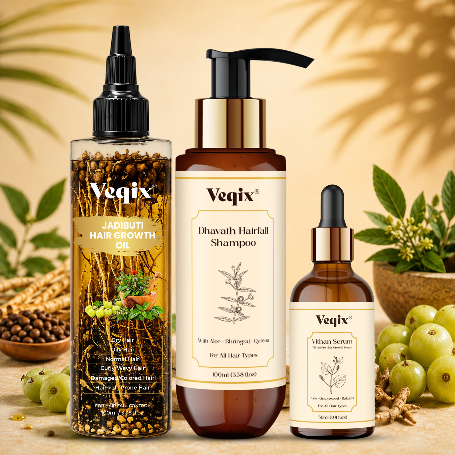 Image of veqix Jadibuti Kit with Herbs Infused Oil, Hairfall Shampoo & Hair Growth Serum (3 Items in the set)