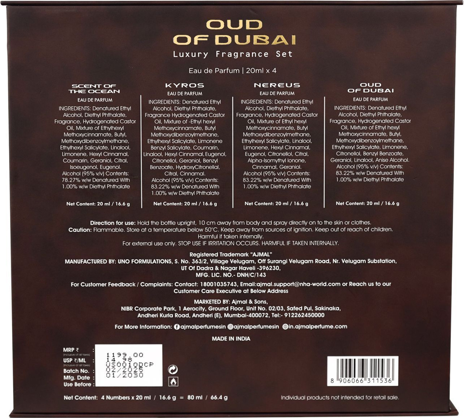 Image of Ajmal Oud of Dubai Long Lasting Travel Perfume Gift Set for Men & Women Eau de Parfum - 80 ml (For Men & Women) (4 Items in the set)