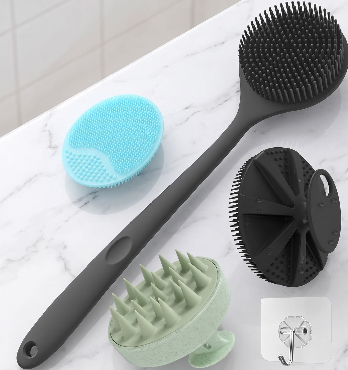 Image of Alvita 5 In 1 Silicon Shower Bath Back Brush+Body Scrubber+Scalp Massager+Face Scrubber+Hooks