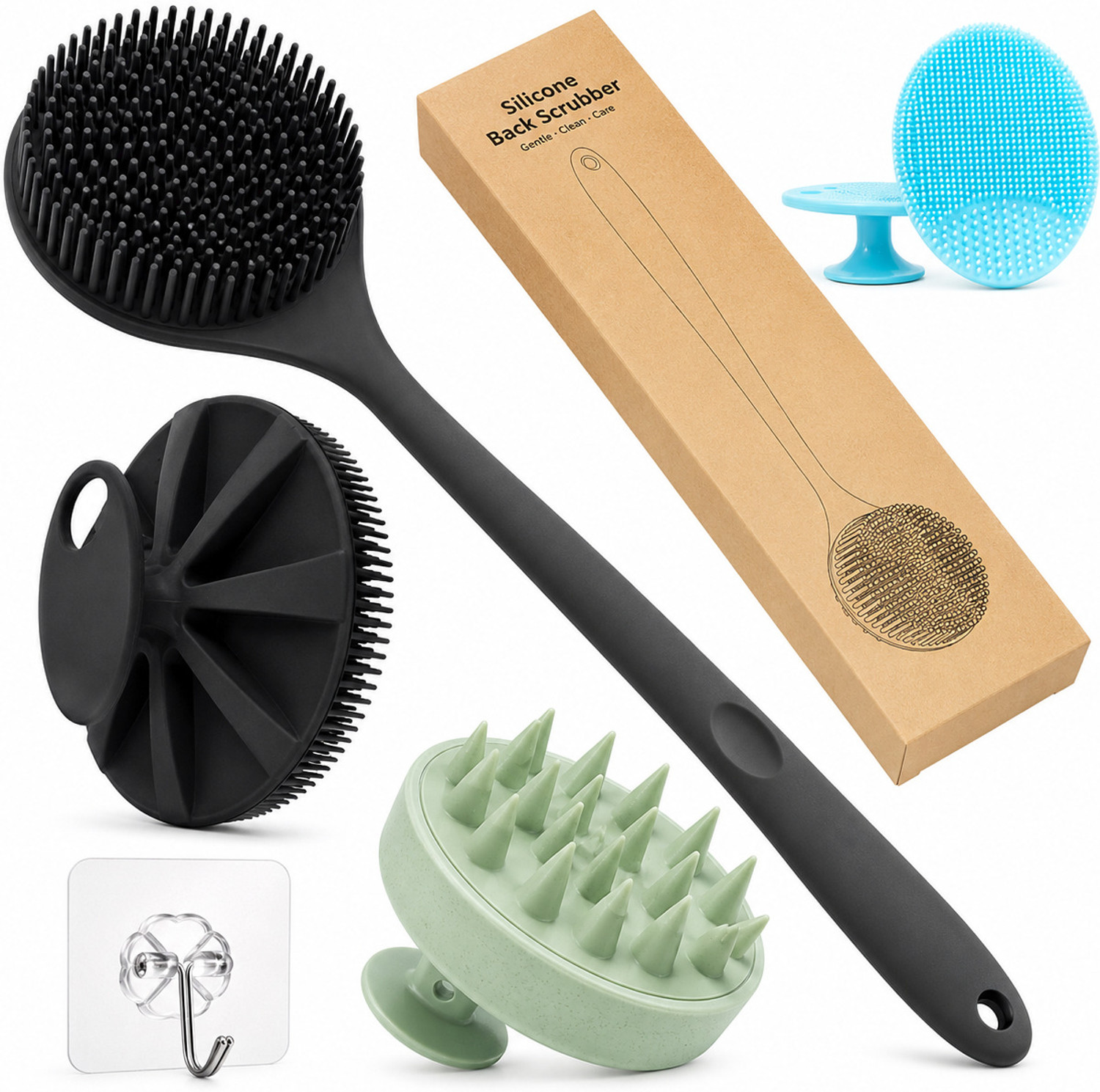 Image of Famire Bath Scrubber Combo Set Of 5 with Long Handle Body Brush |Silicone Body Brush, Face Cleaning Scrubber & Exfoliating Shower Brush (5 Items in the set)