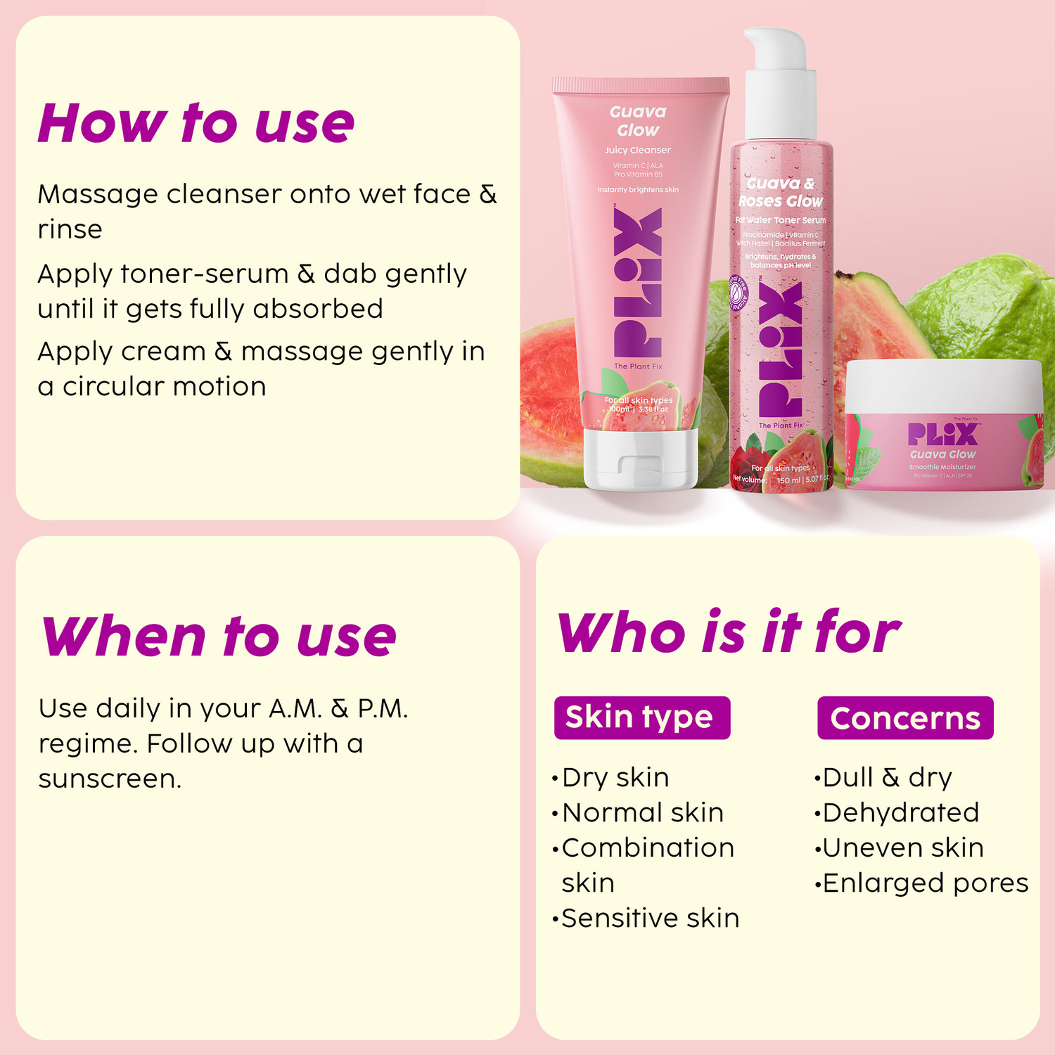 Image of The Plant Fix Plix Guava Regime Glowy Skin Hydrating Cleanser, Toner Serum, Smoothie Moisturizer