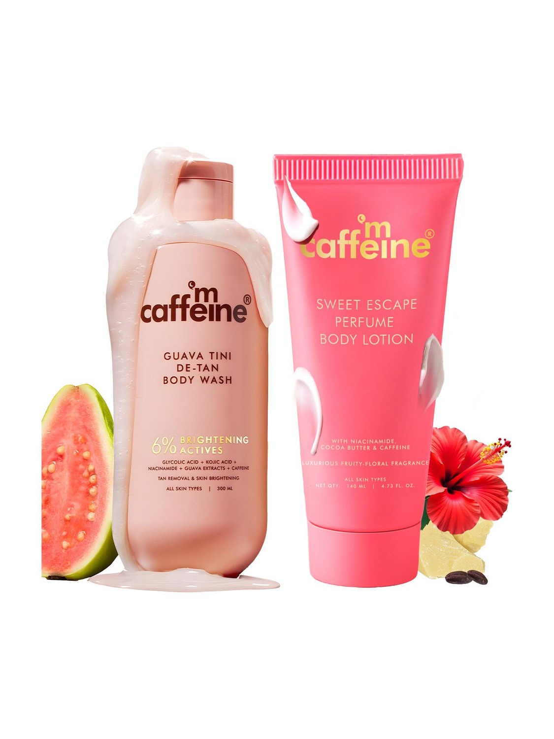 Image of mCaffeine De-Tan & Perfume Duo | Guava De-Tan Body Wash & Sweet Escape Body Lotion (2 Items in the set)