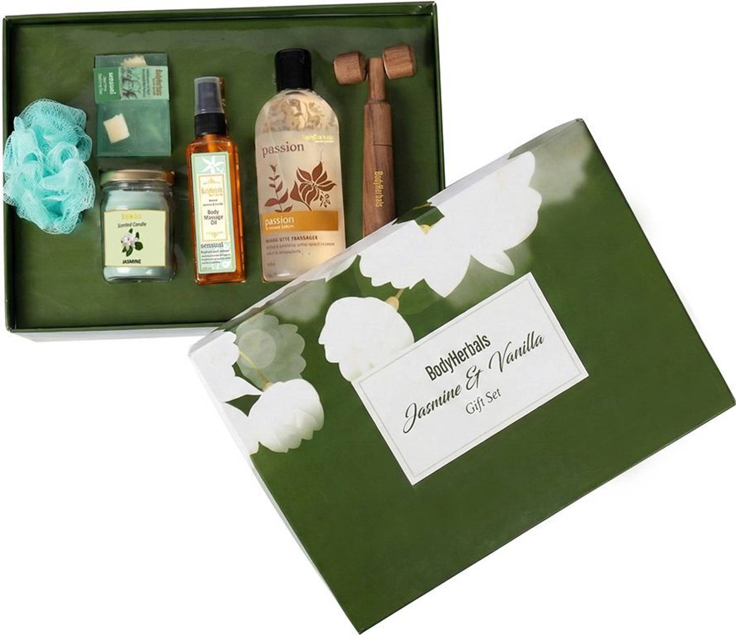 BodyHerbals Jasmine and Vanilla Set ? Luxury Bath & Body Hamper for Men & Women (Vanilla Shower Gel 200ml, Natural Jasmine & Vanilla Body Massage Oil 100ml, Jasmine Bathing Bar 100gms, Natural Vetiver, Wooden Massager Bath Puff, 2 Tea Lites) Bath Set & Kits Luxury bath, Gifts for men and women, Gifts for friends, Gifts for Couples, Wedding Gifts,