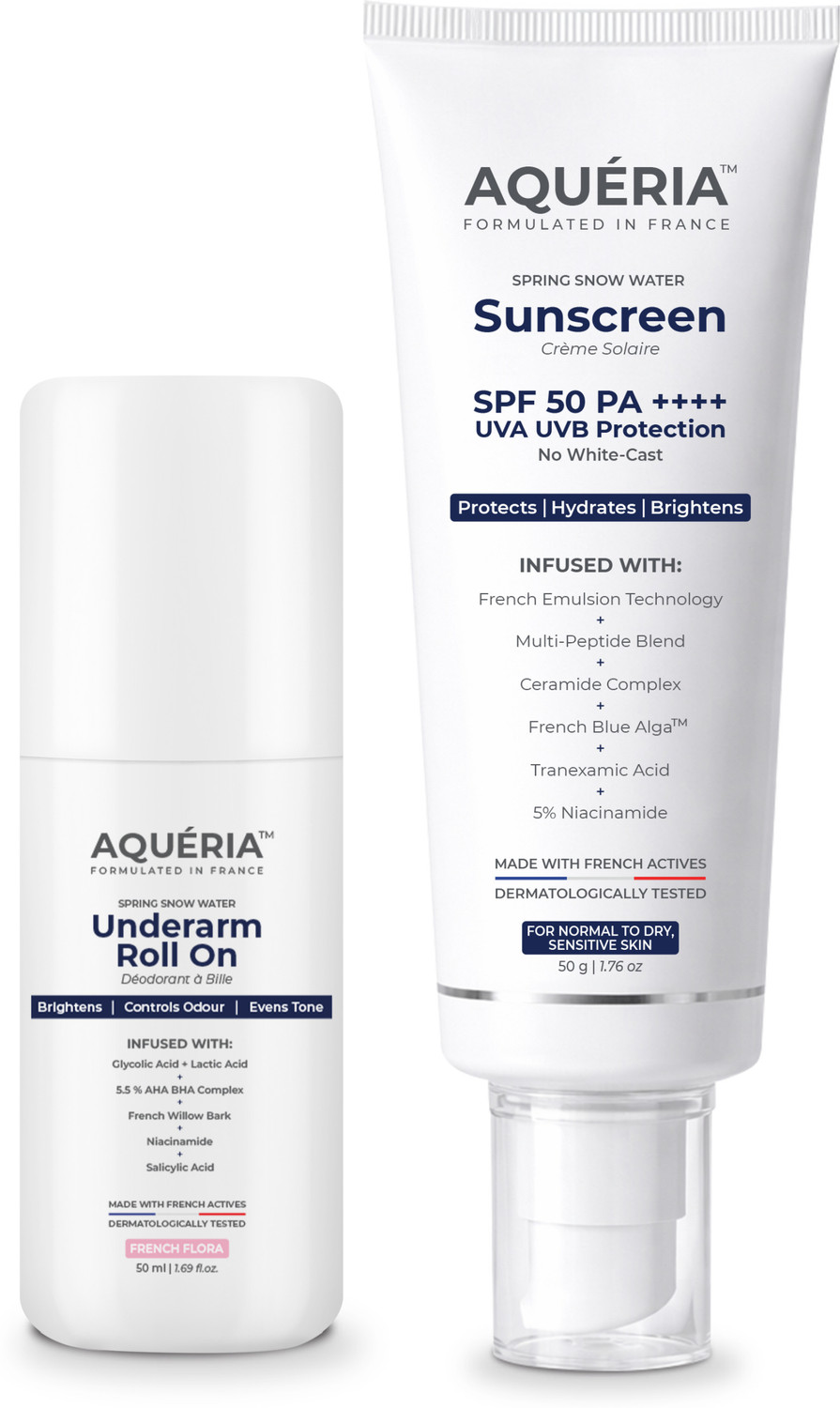 Image of Aqueria Daily Brightening Essentials Kit | Brightening French Sunscreen SPF 50 PA+++ (50g) & 5.5% AHA BHA Underarm Roll On (50ml)