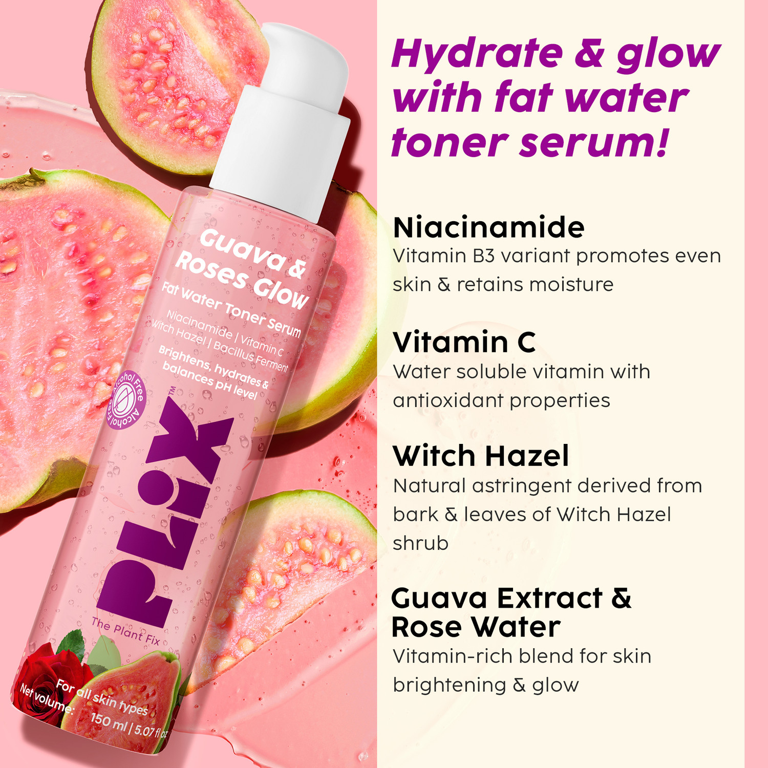 Image of The Plant Fix Plix Guava Regime Glowy Skin Hydrating Cleanser, Toner Serum, Smoothie Moisturizer