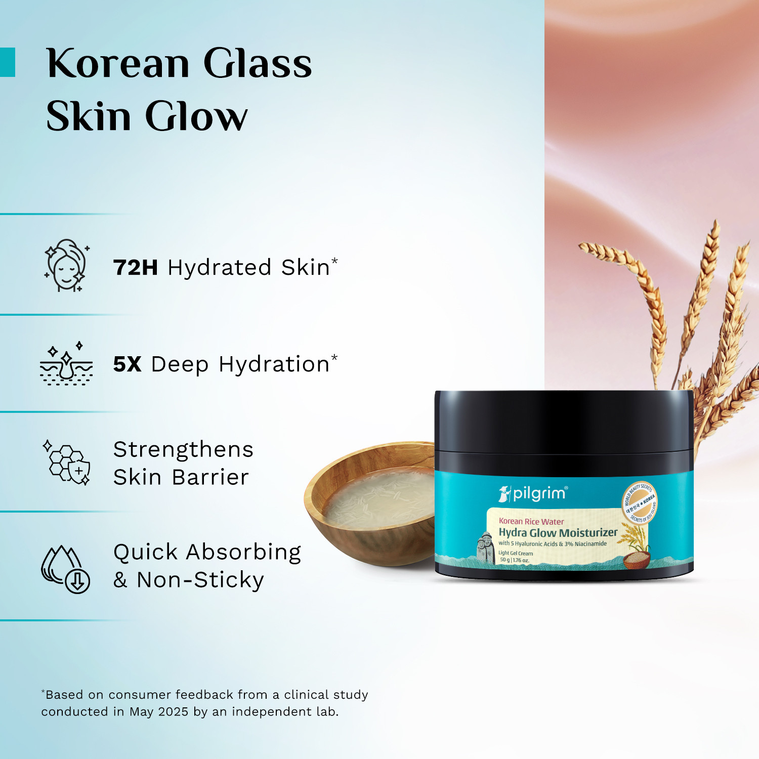 Image of Pilgrim Korean Rice Water Facewash, Hydra Glow Moisturizer & Gel Sunscreen Combo