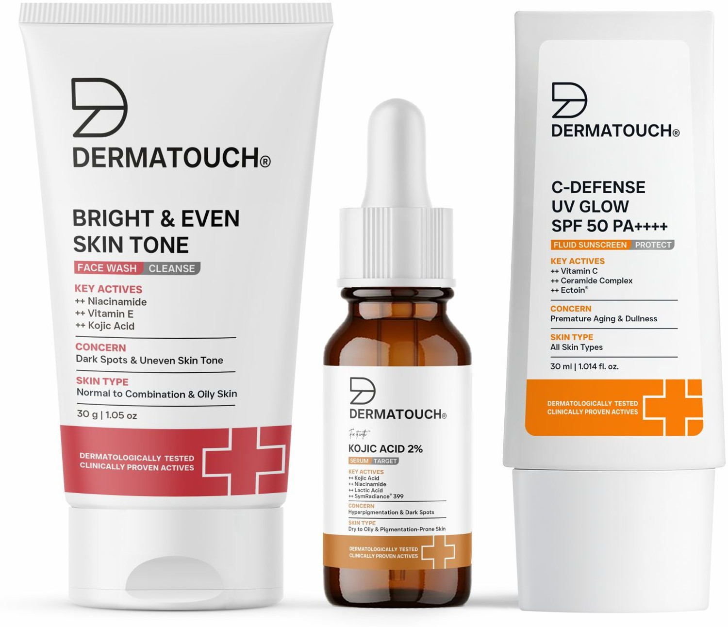 Image of Dermatouch Bright & Even Tone Kit for All Skin Types | Face Wash + Kojic Acid 2% Serum + Sunscreen PA++++ |(PO3)