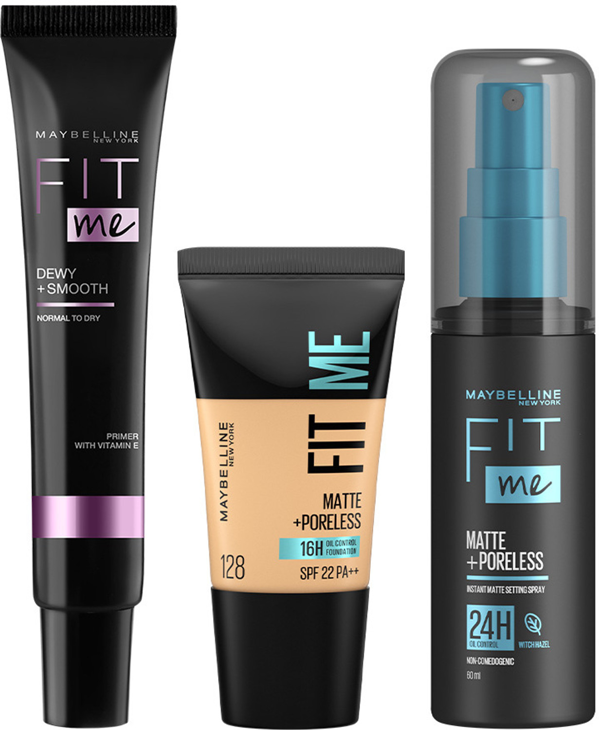 MAYBELLINE NEW YORK Fit Me : Primer, Fit me Foundation Tube-Shade 128, Transfer-proof Setting Spray