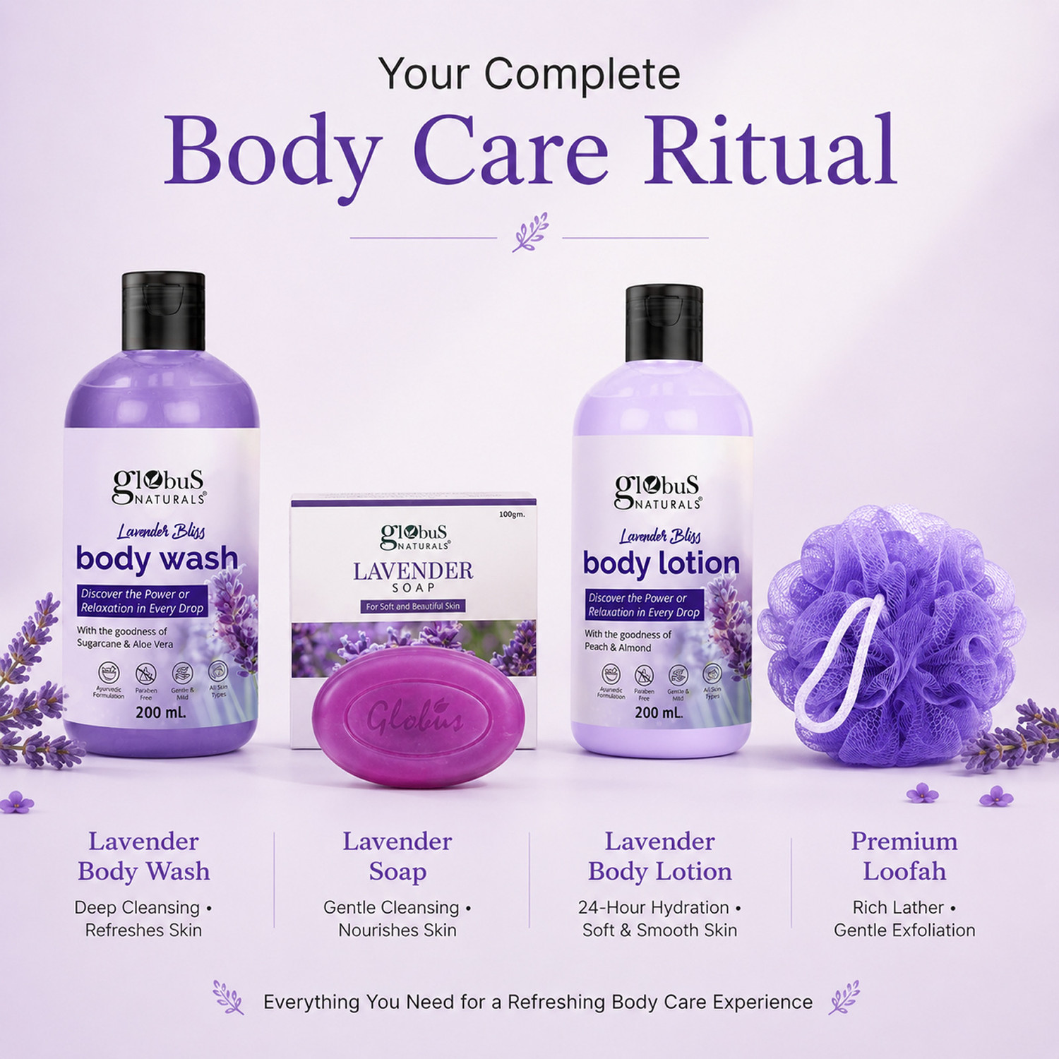 Image of Globus Naturals Rakhi Special Lavender Skincare Gift Combo for Women | Body Wash 200ml, Body Lotion 200ml, Soap 100g & Loofah