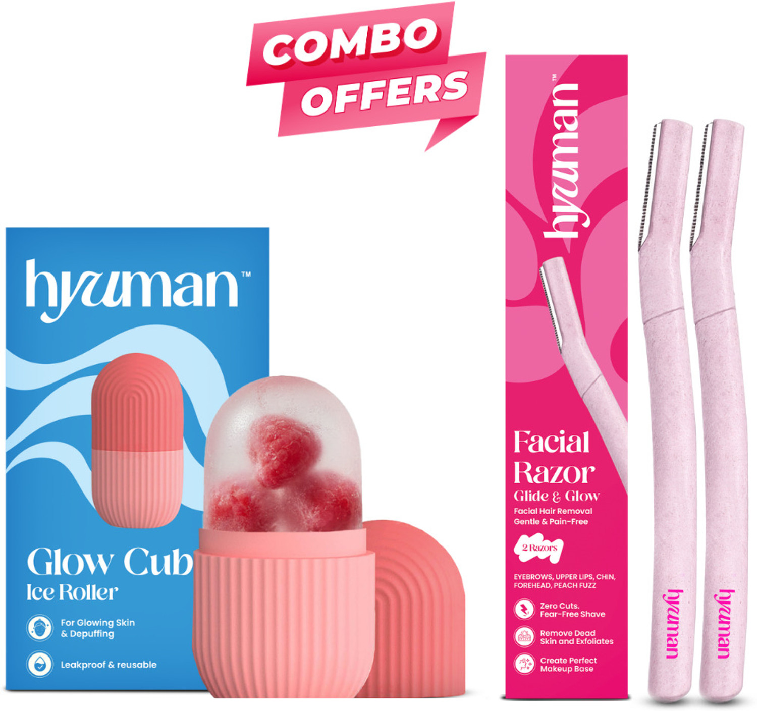 Image of Hyuman Combo Face Razor & Ice Roller, 2 Razor + 1 Ice Roller For Glowing and Clear Skin