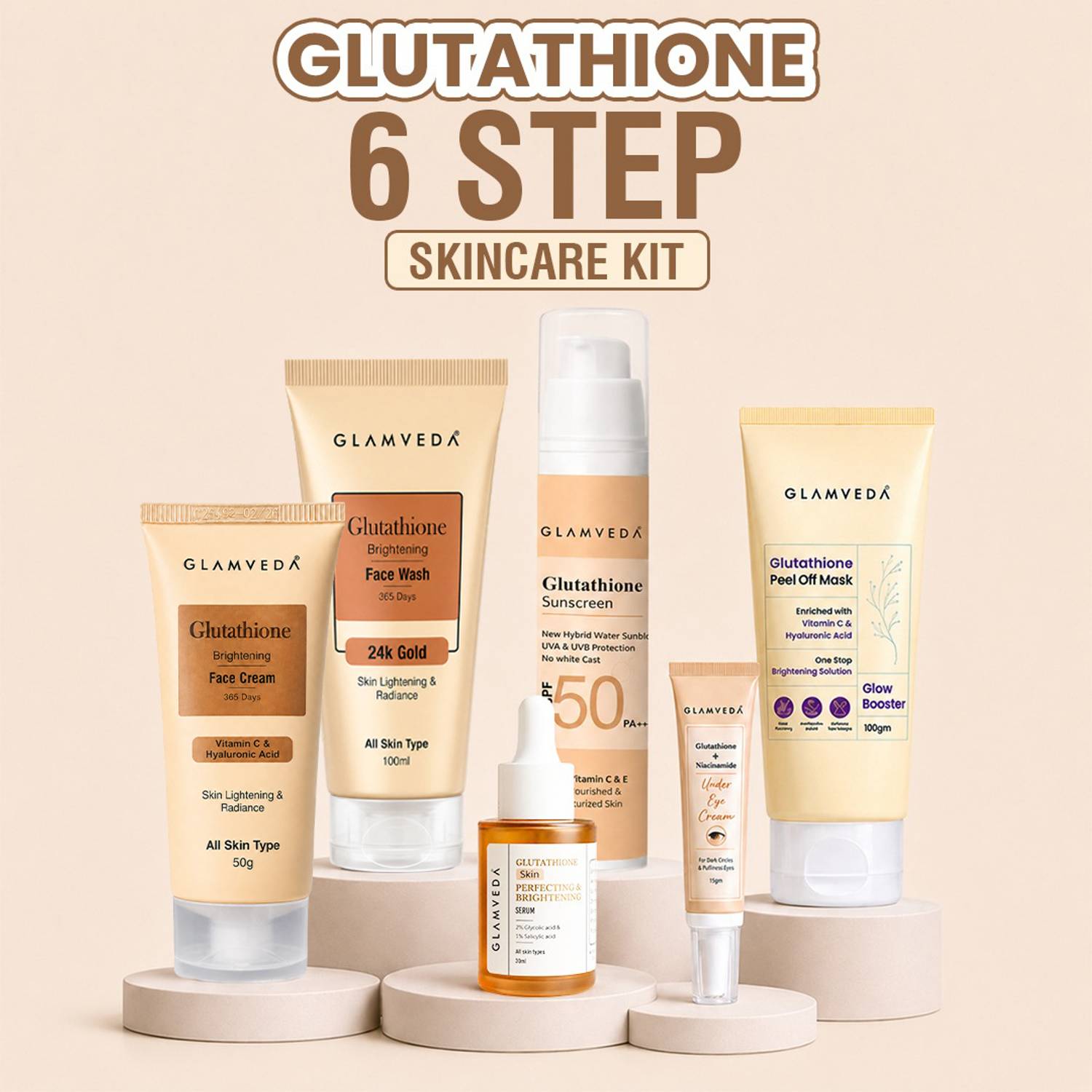 6 skins glutathione GLAMVEDA 6-Step Skin Brightening Kit – Face Wash, Mask, Serum, Cream, Sunscreen & Under Eye for Radiant Even Skin Price in India collageen