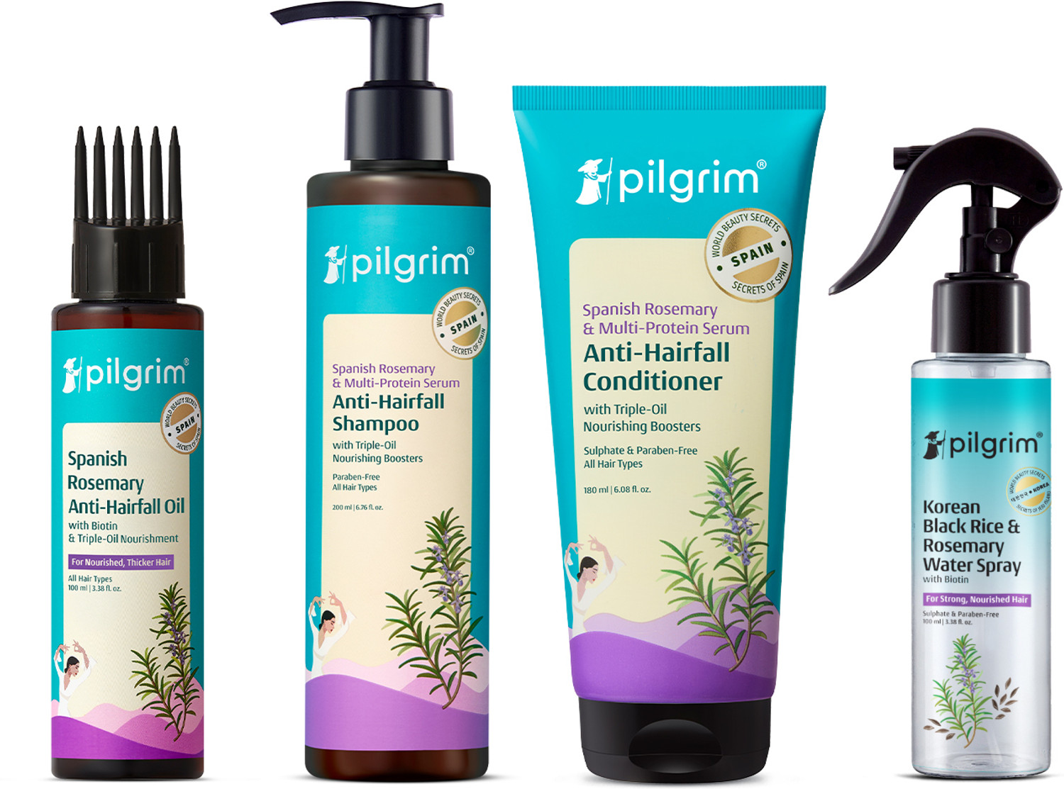 Image of Pilgrim Spanish Rosemary Shampoo 200ml + Biotin Conditioner 200ml + Hair Growth Oil 100ml + Rosemary Water 100ml | Anti-Hairfall Kit