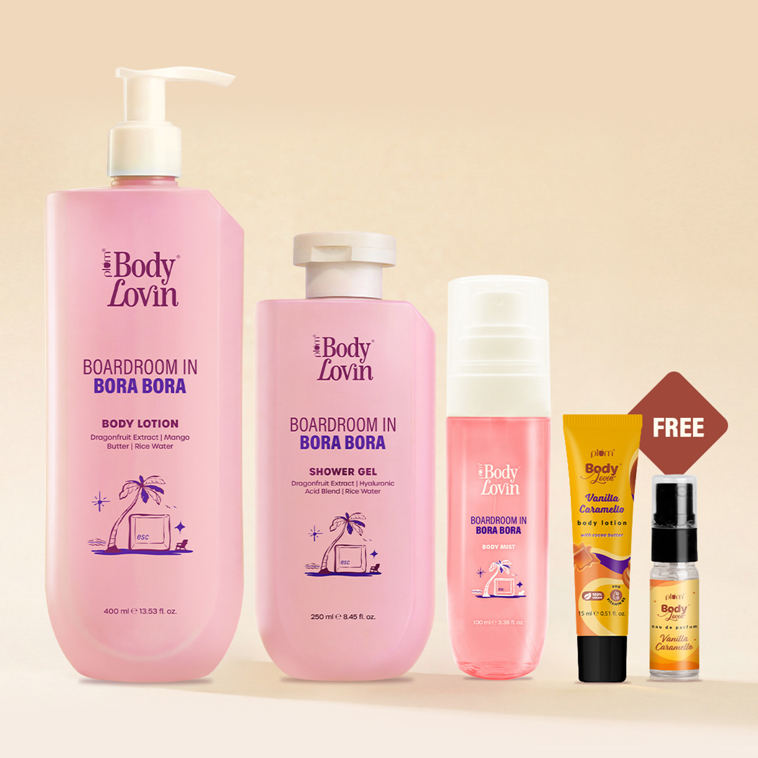 Image of Plum BodyLovin' All-New Boardroom In Bora Bora Collection + 2 Iconic Vanilla Caramello Freebies 770ml