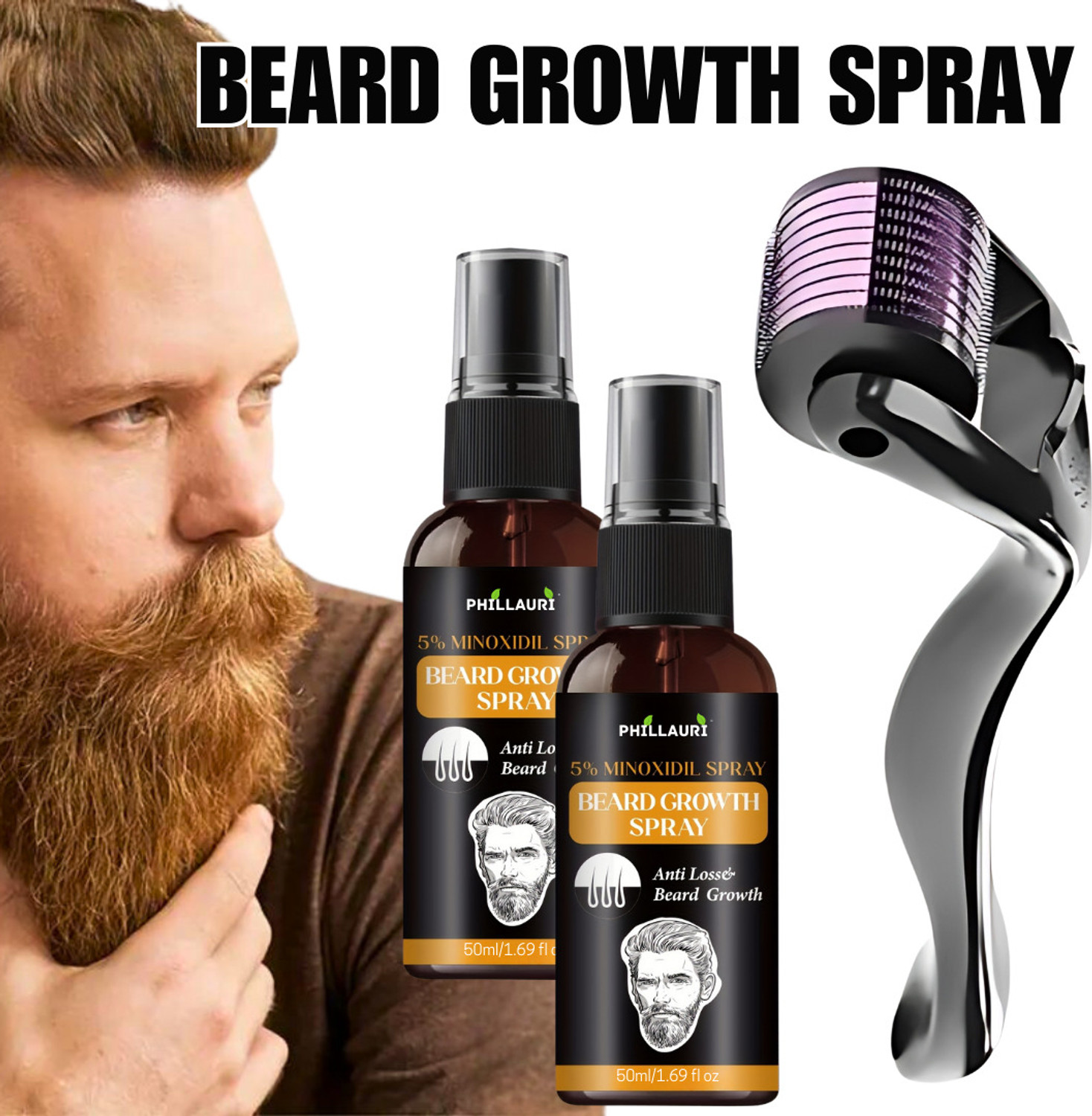Image of Phillauri Beard and Moustache Oil Spray, 50 ml | Non-Sticky, Light Beard Oil for Men with Derma roller 0.5mm