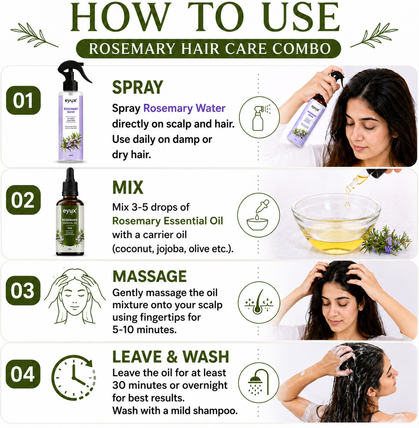 Image of eyux rosemary water spray and rosemary essential oil combo for scalp care hair nourishment and hair root support