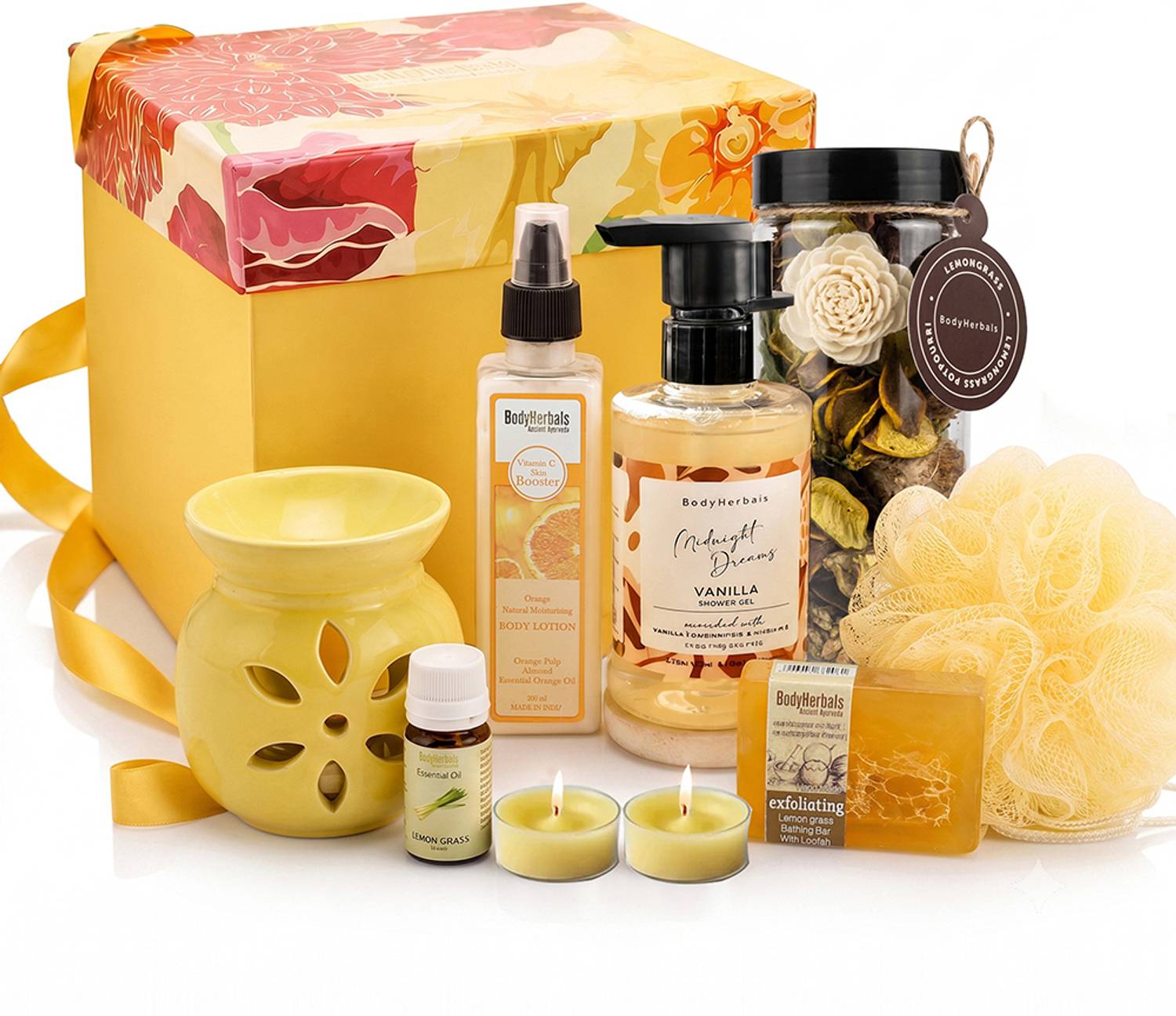 BodyHerbals Beautiful Day Spa Hamper � Luxury Bath & Body Gift Set For Men & Women (Vanilla Shower Gel 200ml, Orange Body Lotion 200ml, Lemongrass Bathing Bar 100gms, Aroma Diffuser, Lemongrass Diffuser Oil, Lemongrass Potpourri, Bath Puff, 2 Tea Lites) Bath Set & Kits