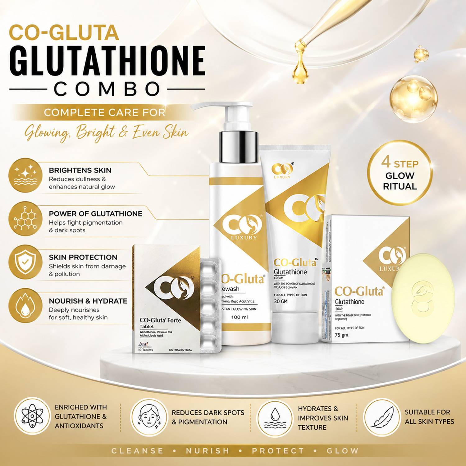 combo glutathione Co Luxury Skin Brightening Kit | Glutathione Facewash, Glutathione Tablet, Glutathione Cream & Glutathione Soap | Price in India - Buy Co Luxury Glutathione Skin Brightening Combo Kit Burning, tingling or numbness? -Primary Health Interest: Heart Size:20ML