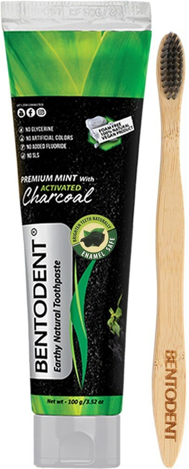 Image of bentodent Activated Charcoal Toothpaste with a Soft Charcoal Bamboo Toothbrush
