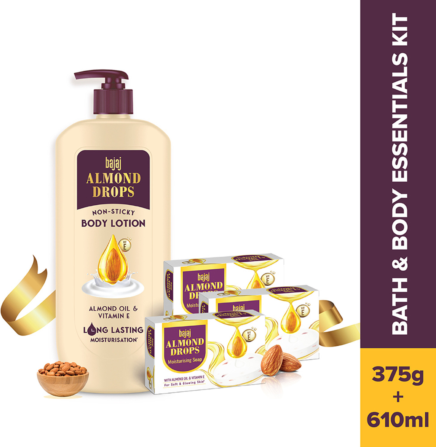 Image of Bajaj Almond Drops Body Lotion - 610ml + Soap 125*3 (2 Items in the set)