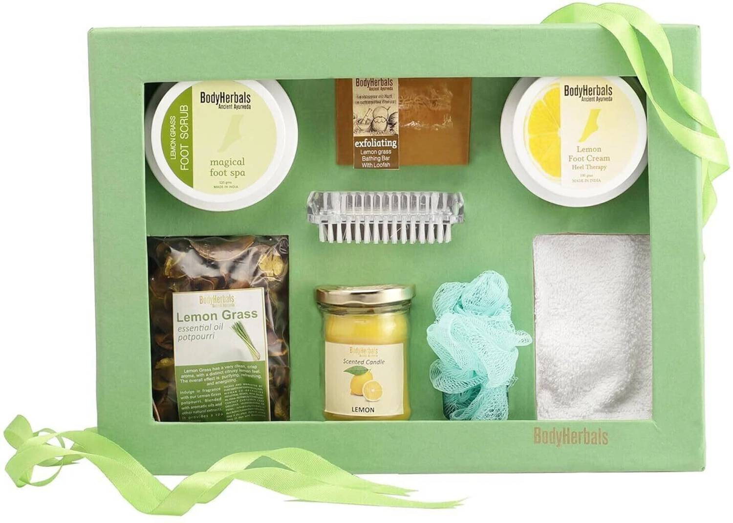 BodyHerbals Lemongrass Foot Spa Set - Combo Gift Set For Men And Women, Gift Hamper For Men And Women, Gift Set For Ultimate & Stress Relief Foot Care, Pedicure Hamper (Lemongrass Foot Scrub 125gms, Lemon Foot Cream 100gms, Lemongrass Bathing Bar 100gms, Lemon Grass Potpourri, Foot Pumice & Brush 2 In 1, Lemon Scented Candle, Face Towel) Foot Care Kit & Sets (8 Items in the set)