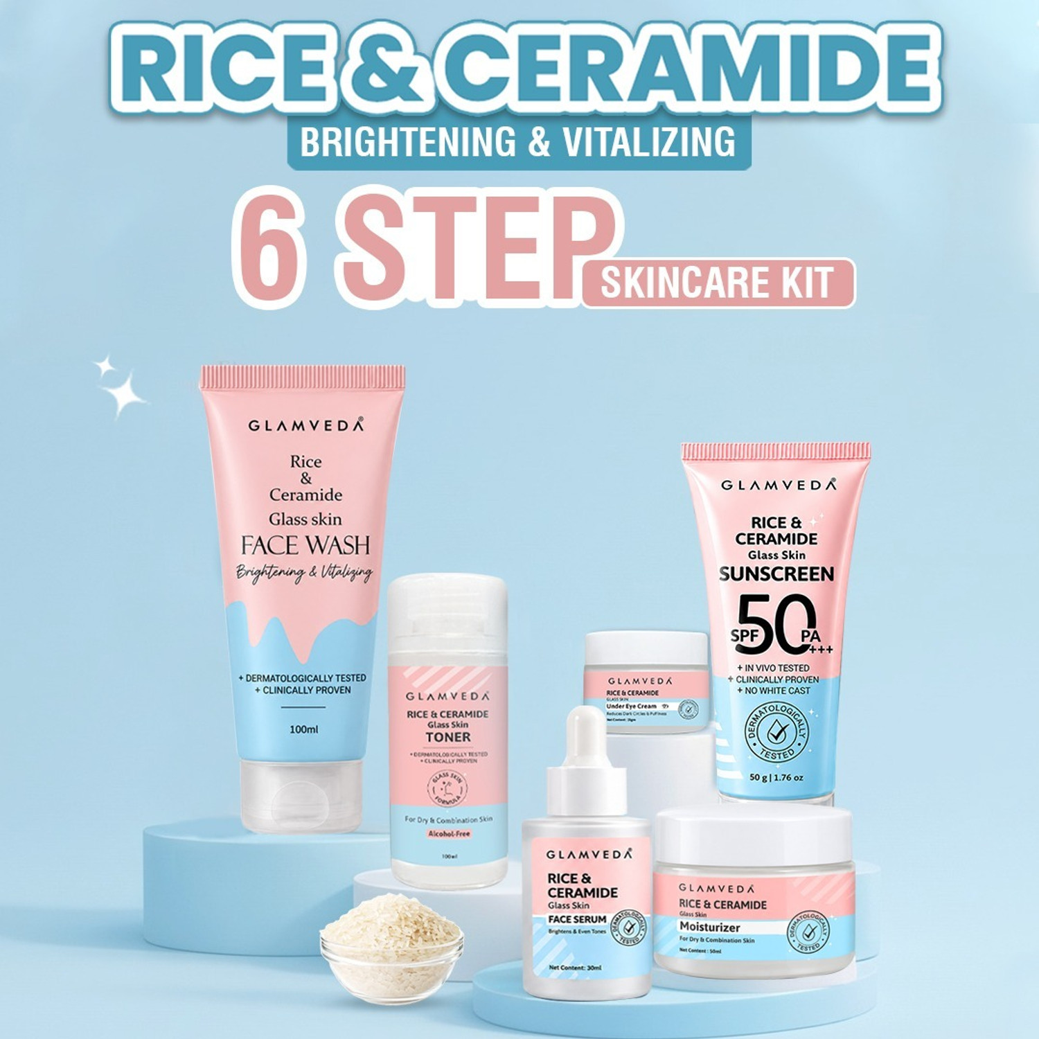 GLAMVEDA Korean Glass Skin Rice & Ceramide 6 Step Daily Skincare Routine For Women | 6 Items with Premium Gift Box