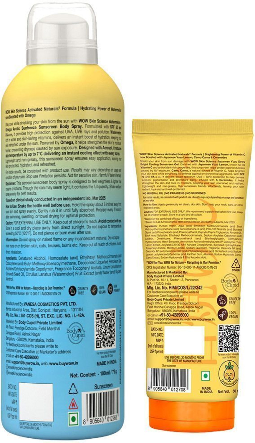 Image of WOW SKIN SCIENCE Sunscreen Combo | SPF70 Yuzu Gel 50ml + SPF50 Watermelon Spray 100ml (2 Items in the set)
