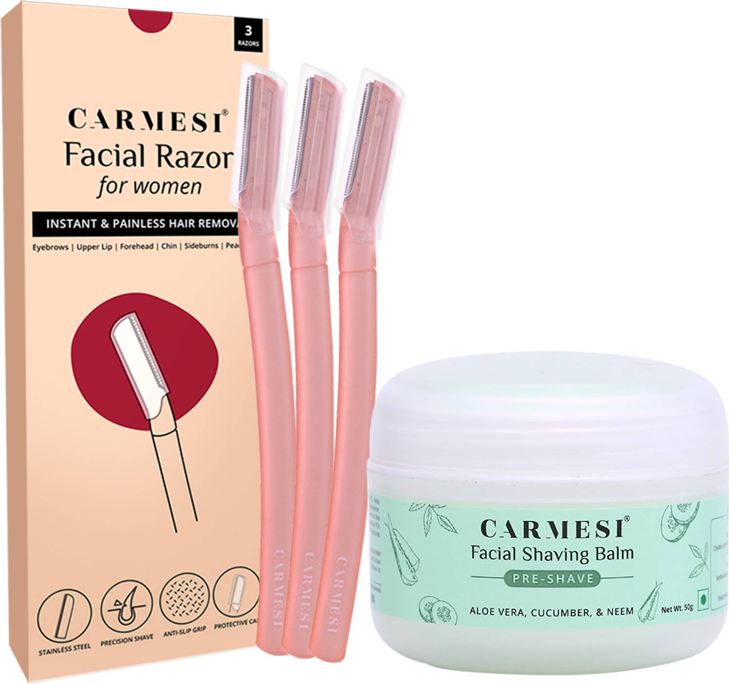 Carmesi Combo Kit- 3 Facial Razors & 2-in-1 Pre Shave Facial Shaving Balm (50g)