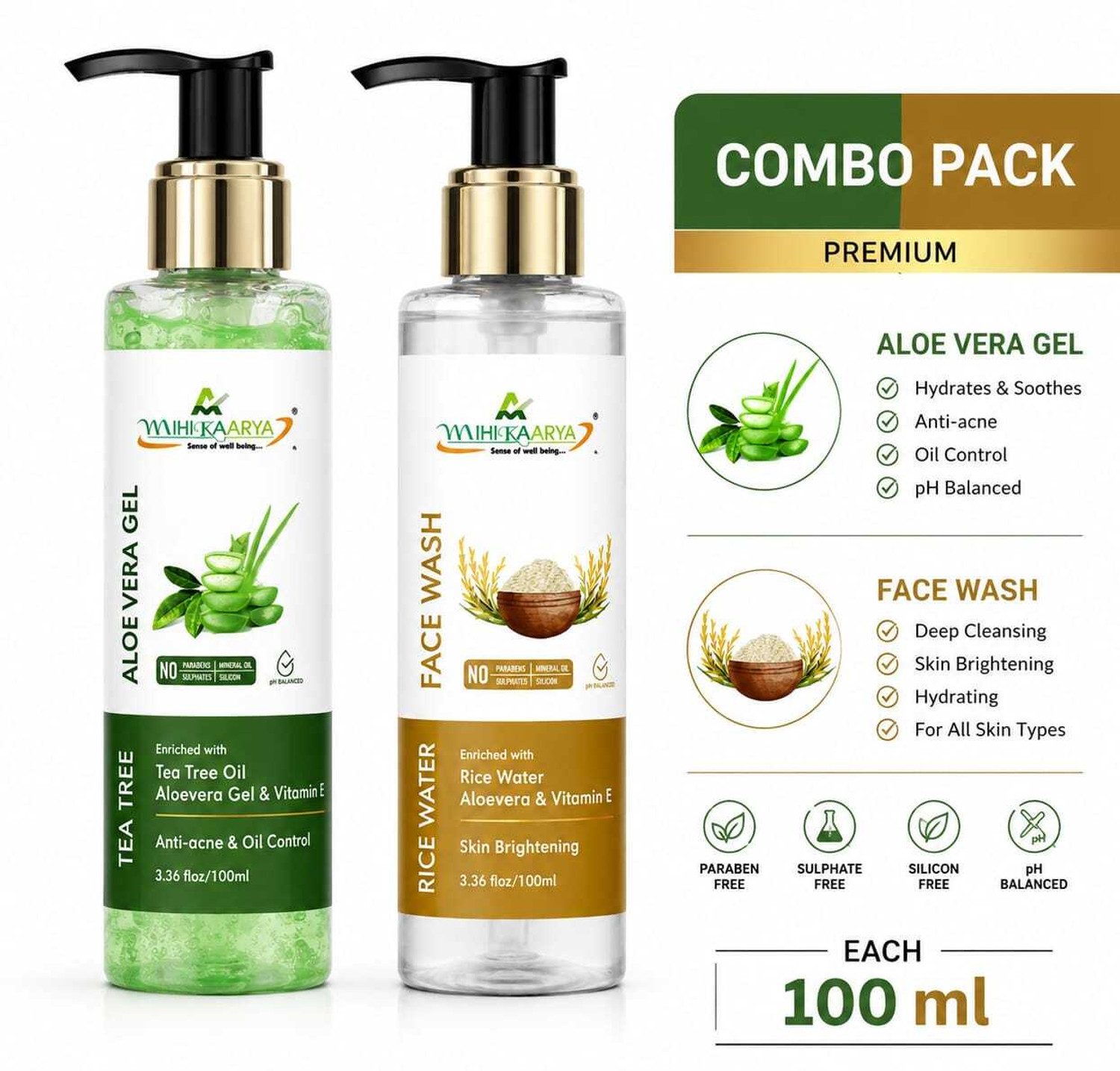 Image of MIHIKAARYA Face Combo (200ml) of Tea Tree Aloevera Gel (100ml) + Rice Water Face Wash (100ml)