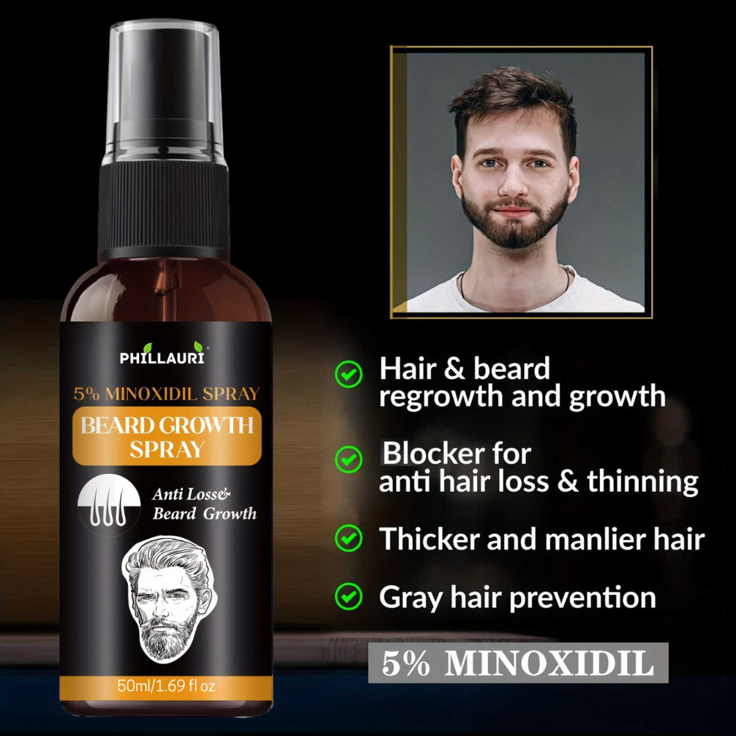 Image of Phillauri Oil Spray, 50 ml | Non-Sticky, Light Beard Oil for Men with Derma roller 0.5mm