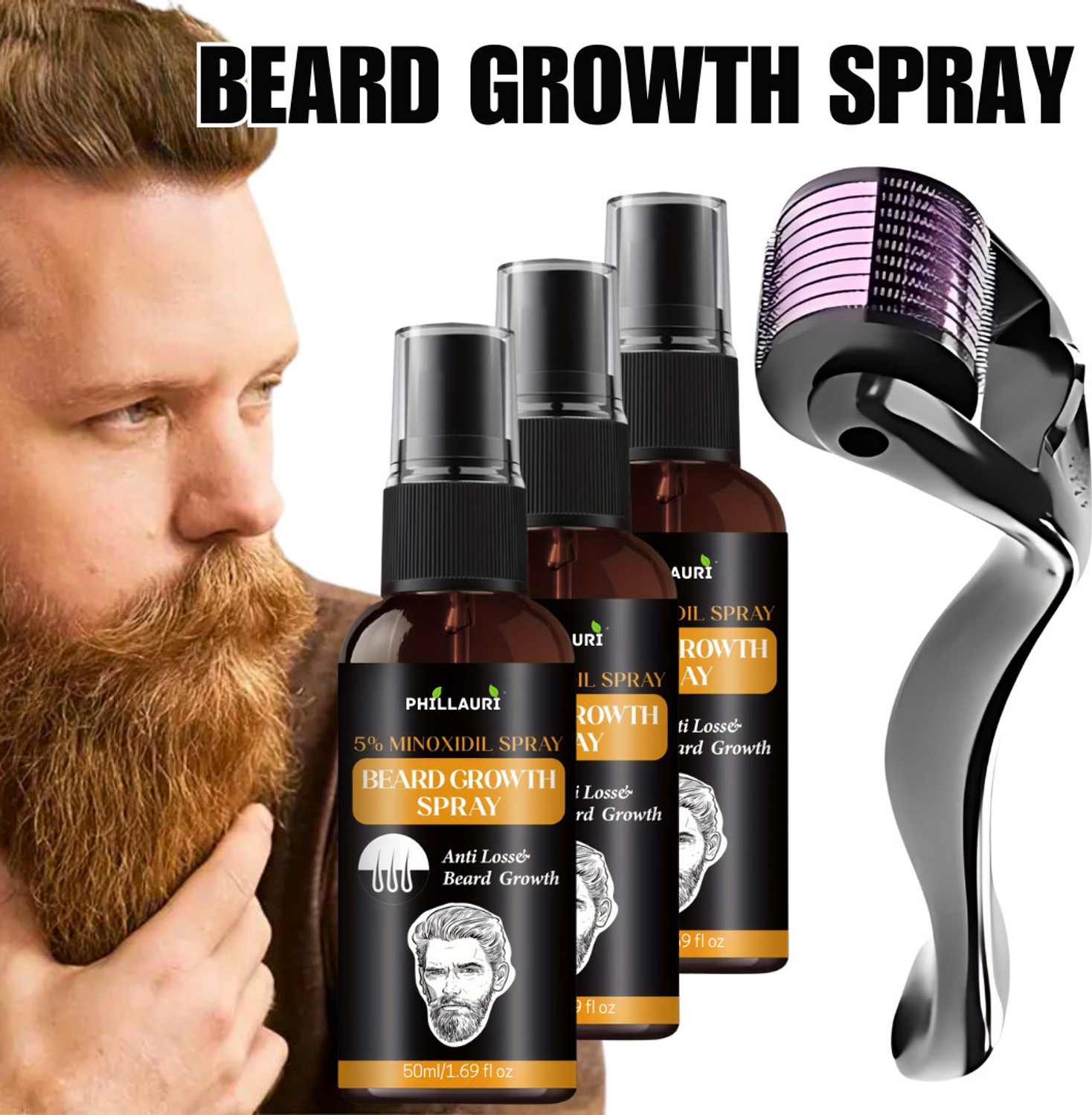Image of Phillauri Oil Spray, 50 ml | Non-Sticky, Light Beard Oil for Men with Derma roller 0.5mm