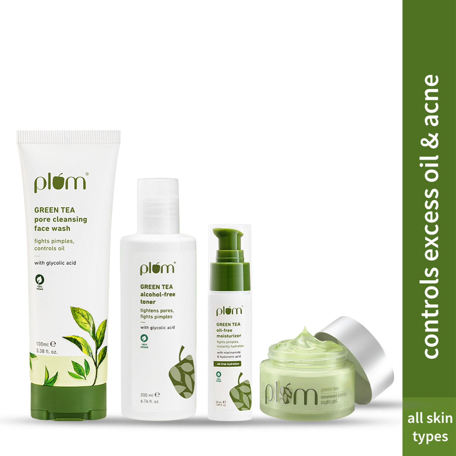 Plum Green Tea Day & Night Combo |Facewash- 100ml, Toner- 200ml, Moisturiser- 50ml , Night Cream- 50ml