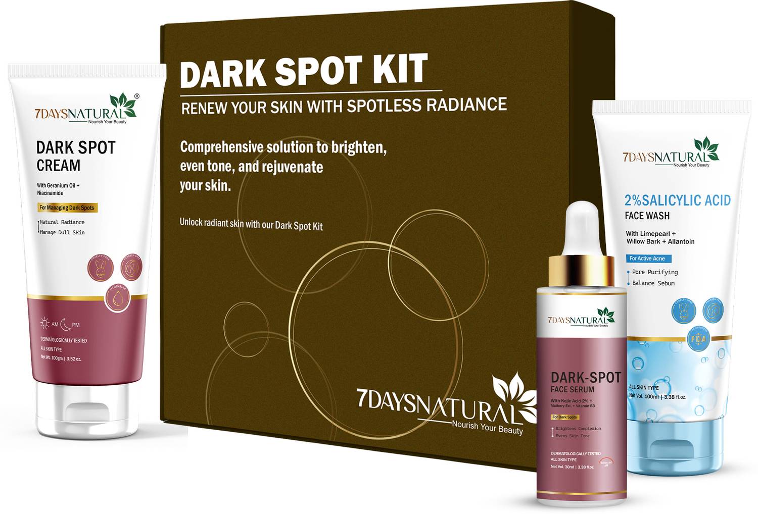 7 Days Dark Spot pigmentation Acne De Tan wrinkle Removal Kit with dark spot cream serum , vitamin c face wash & skin radiance cream