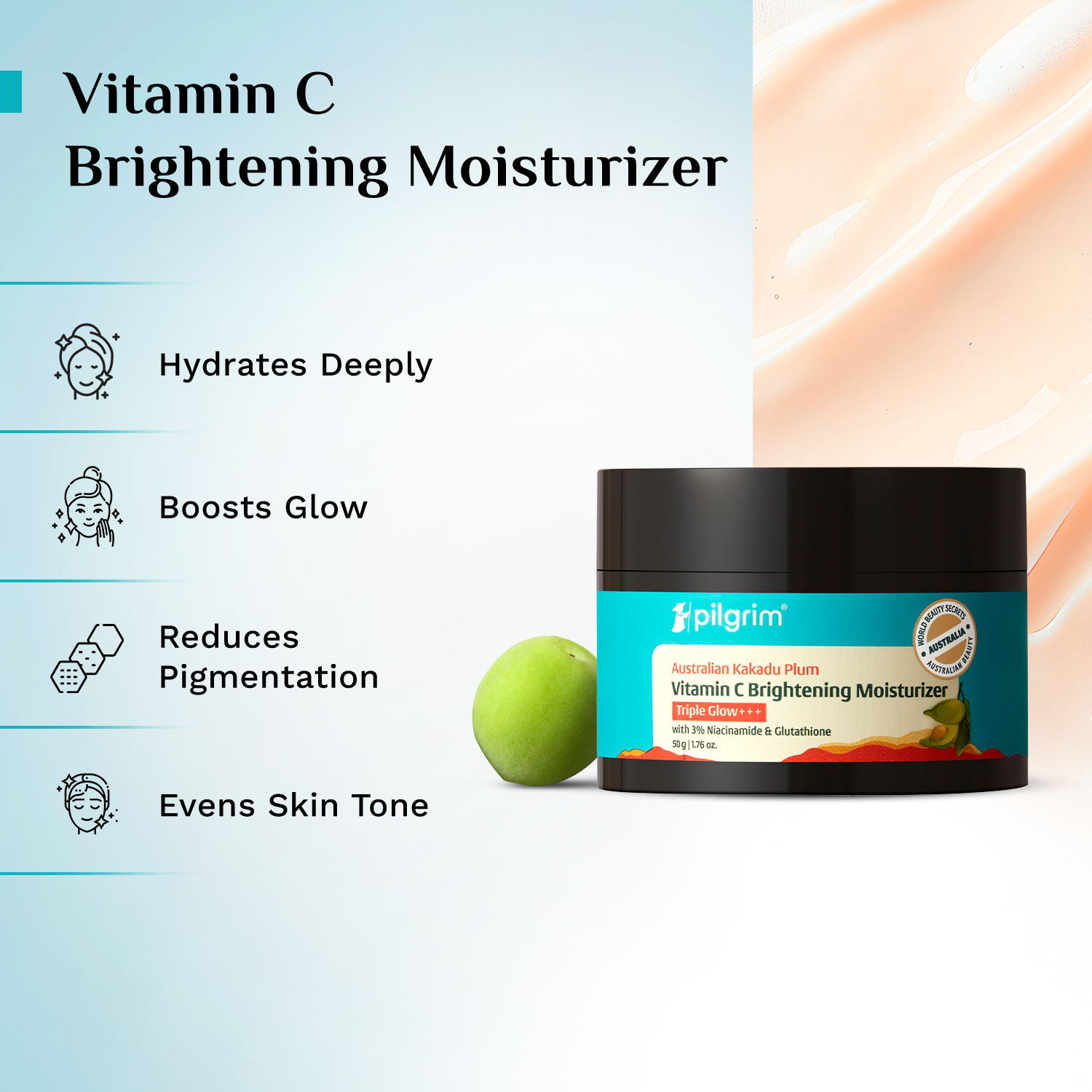 Image of Pilgrim 10% Vitamin C Face Serum (10ml) + Vitamin C Gel Face Wash + Australian Kakadu Plum Brightening Glow Face Moisturizer (50g)