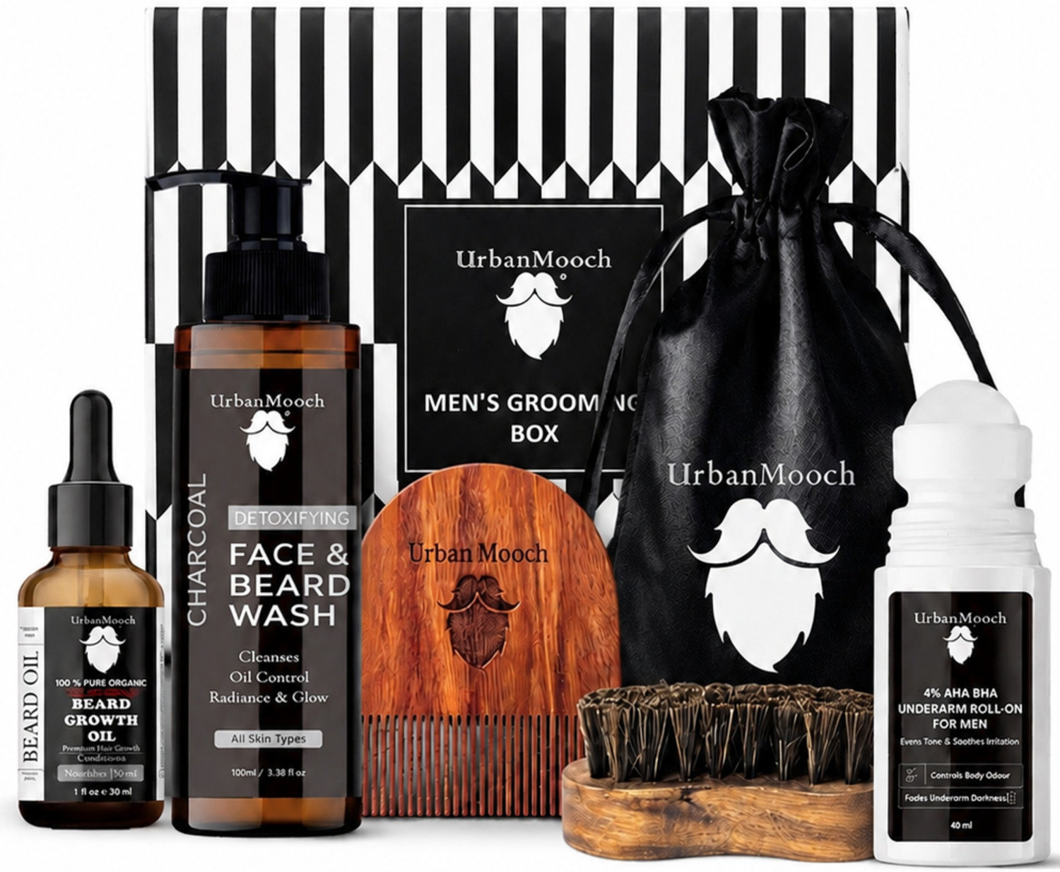 Image of UrbanMooch 5 in 1 Men's Grooming Kit, Charcoal Face & Beard Wash, Beard Growth Oil, Beard Comb, Boar Bristle Beard Brush & Underarm Roll On