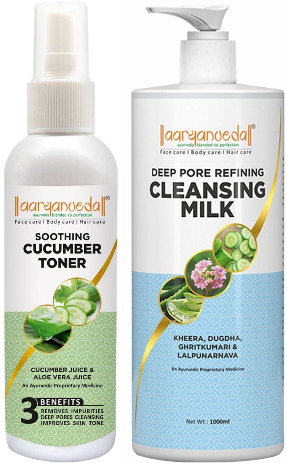 Aryanveda Cucumber Toner (100 ml) with Cleansing milk (1 litre) for skin freshness and hydaration to beat the heat for Men and Women